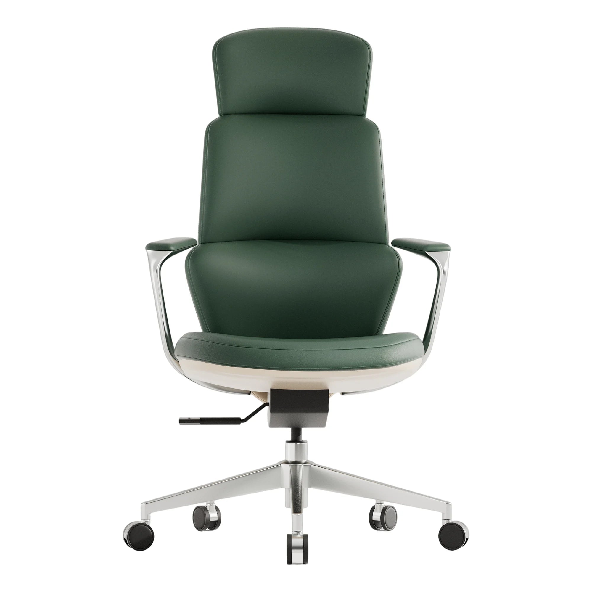 Green leather swivel office chair with tall backrest and padded seat