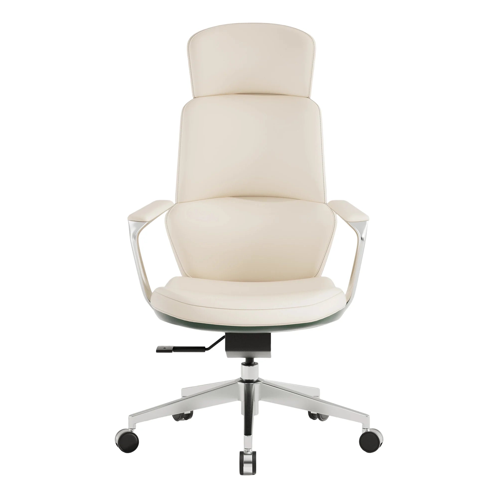 Cream leather swivel office chair with tall backrest and padded seat