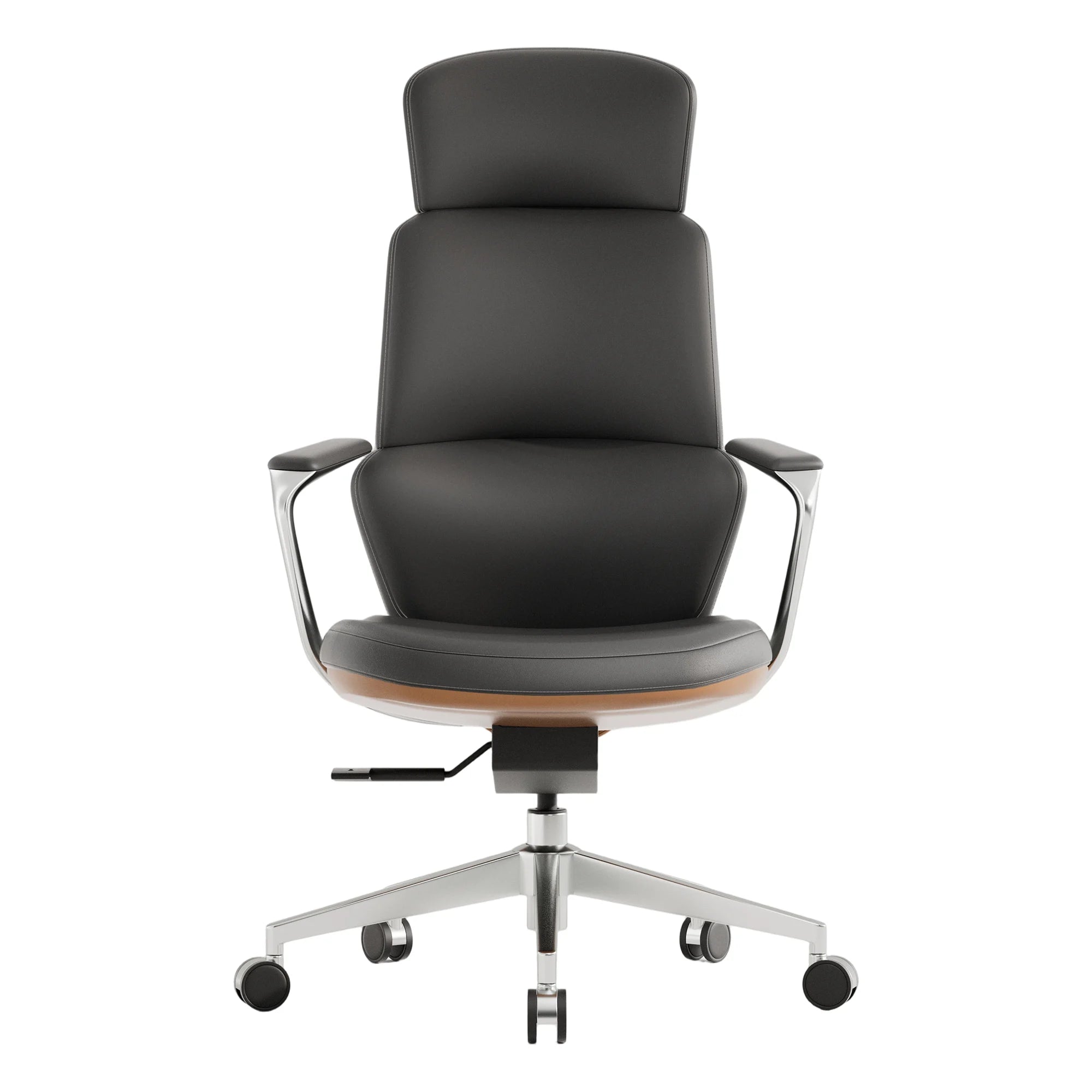 Black leather swivel office chair with tall backrest and curved seat cushion