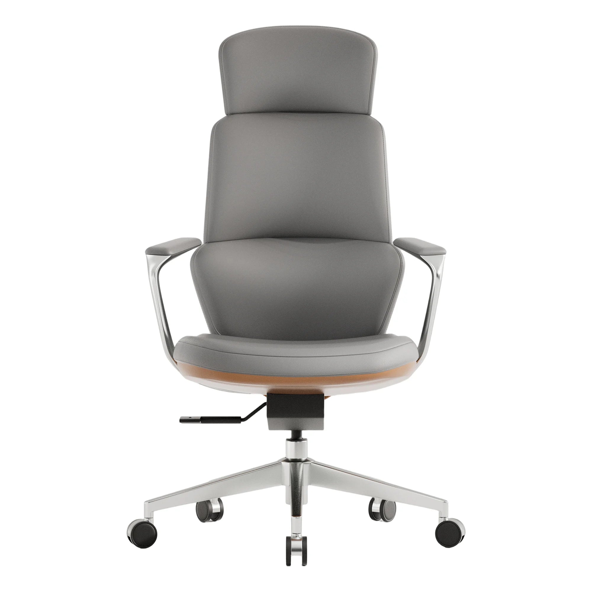 Gray leather swivel office chair with tall backrest and curved cushioned seat