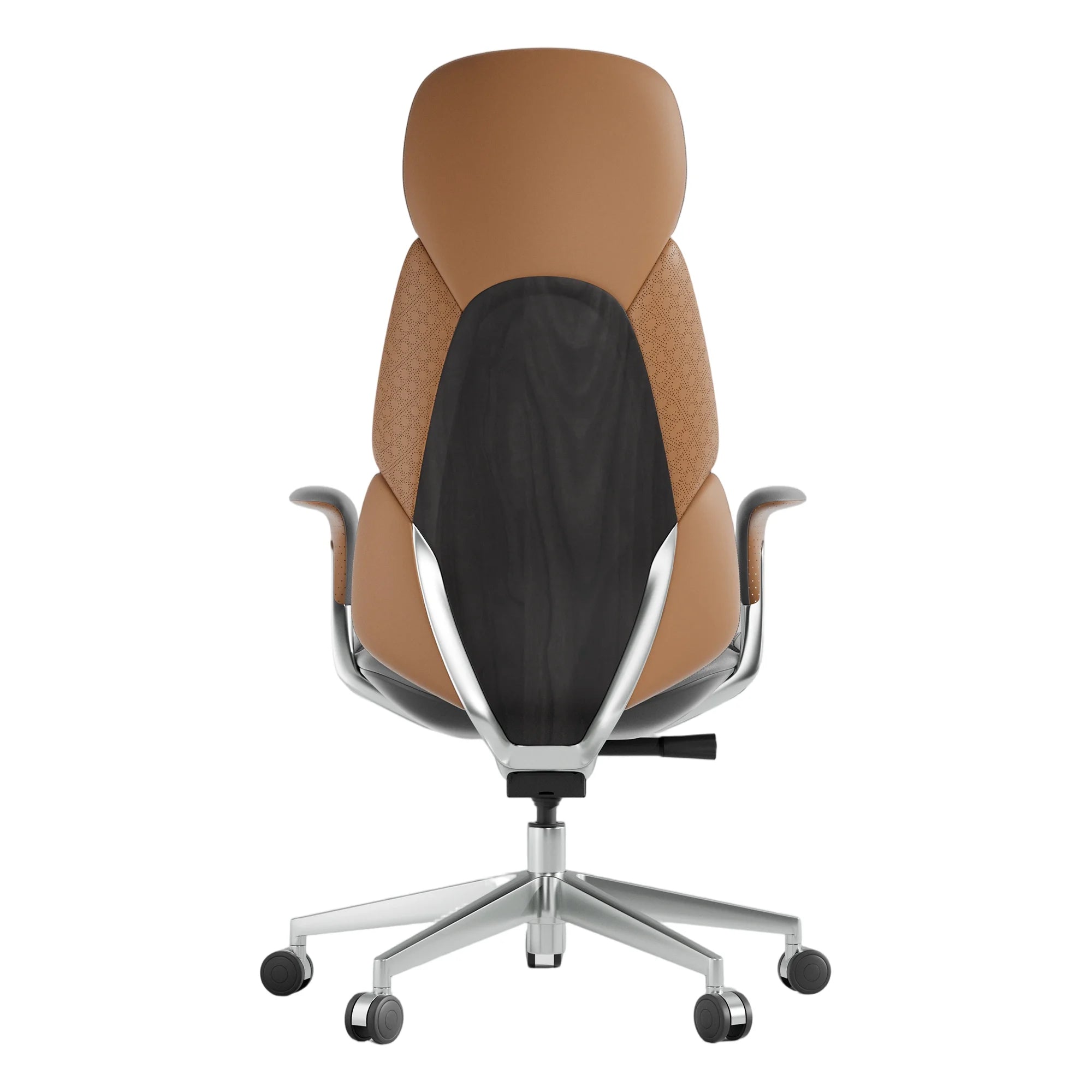 Brown leather office chair with padded back and seat, chrome base and casters