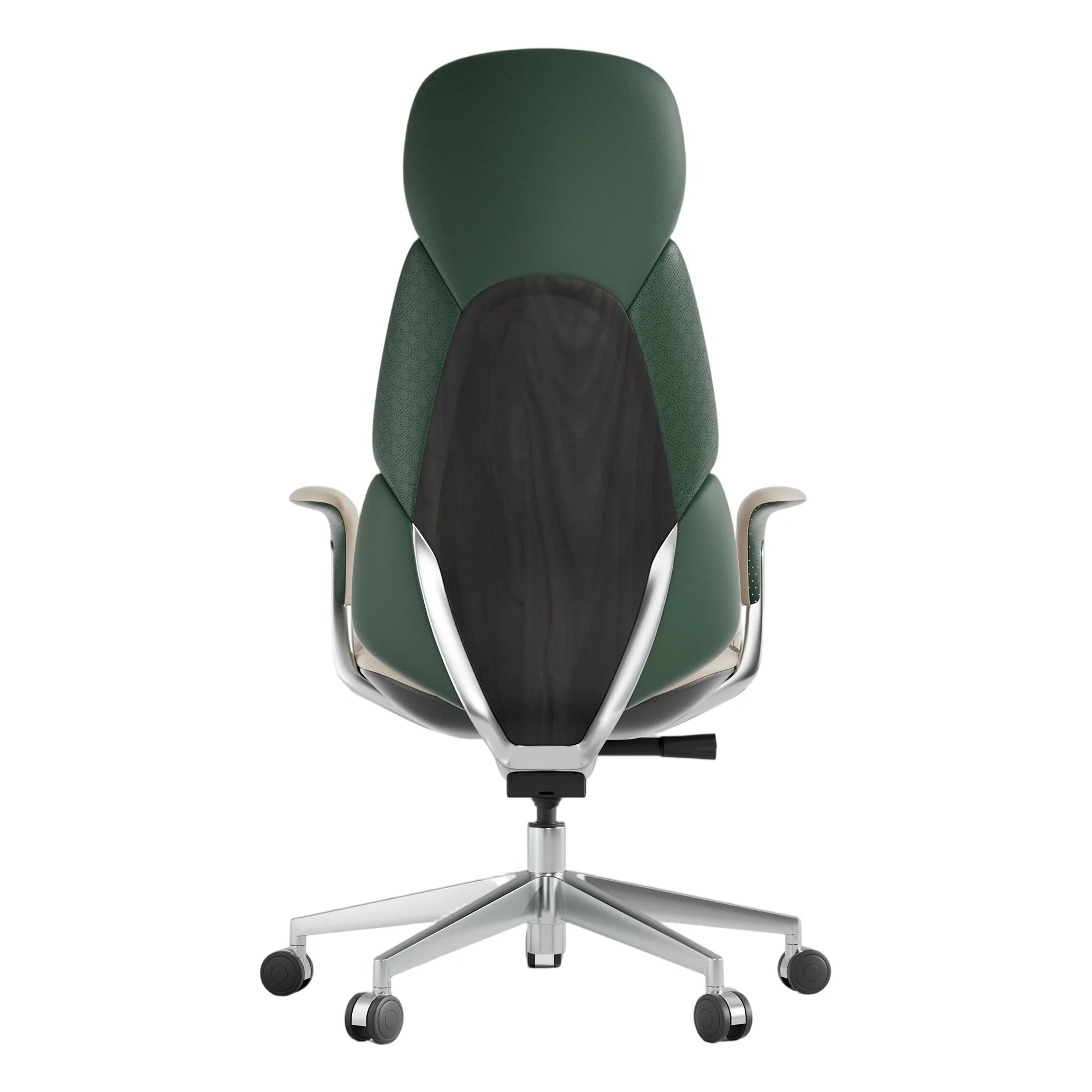 Green leather office chair with padded back and seat, chrome base and casters