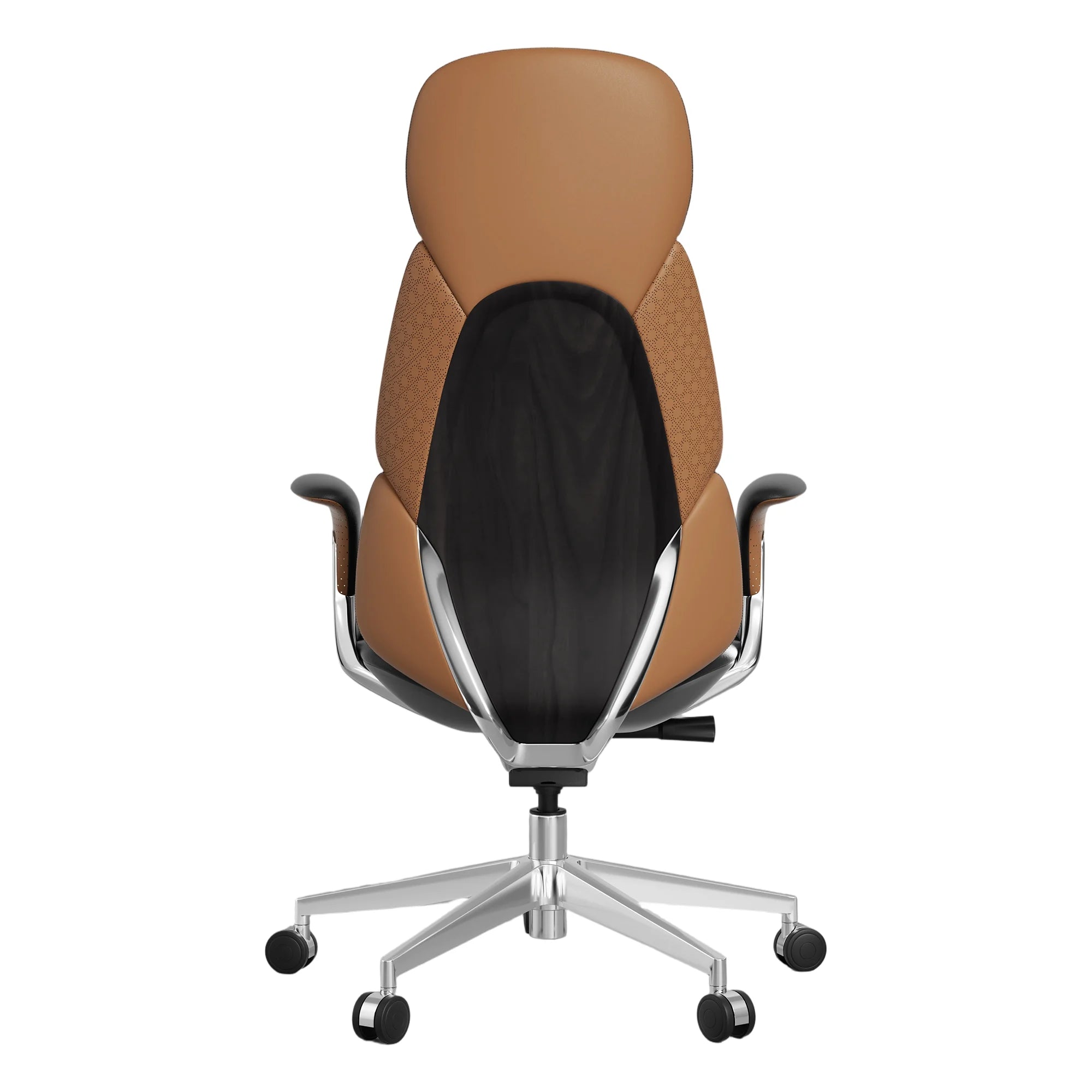 Tan office chair with dark back panel and adjustable arms, on chrome base with casters