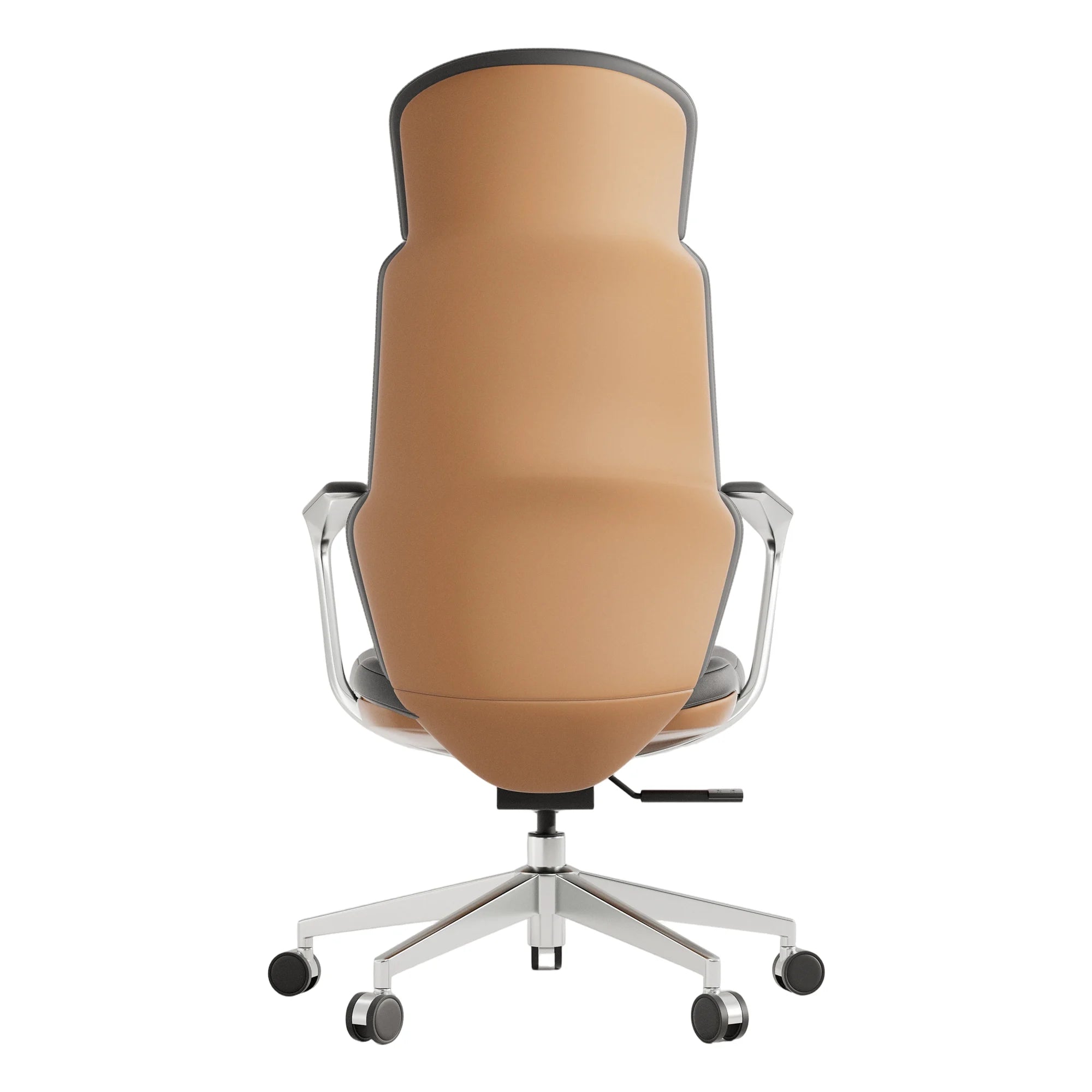 Brown leather swivel office chair with tall backrest and padded arm frame