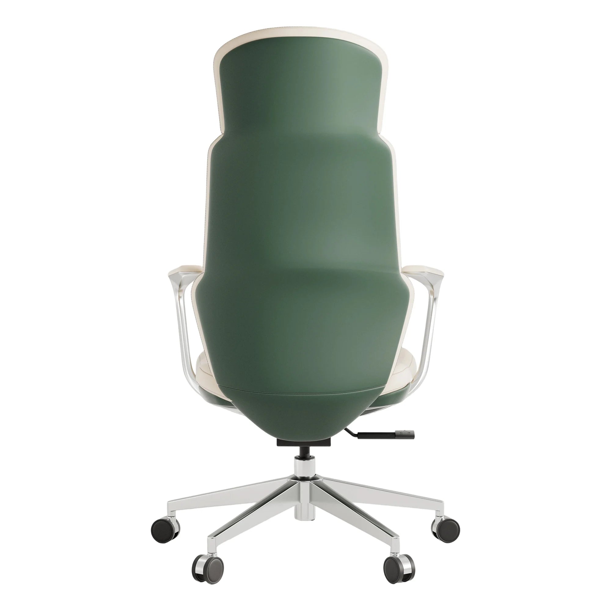 Green leather swivel office chair with tall backrest and padded armrests