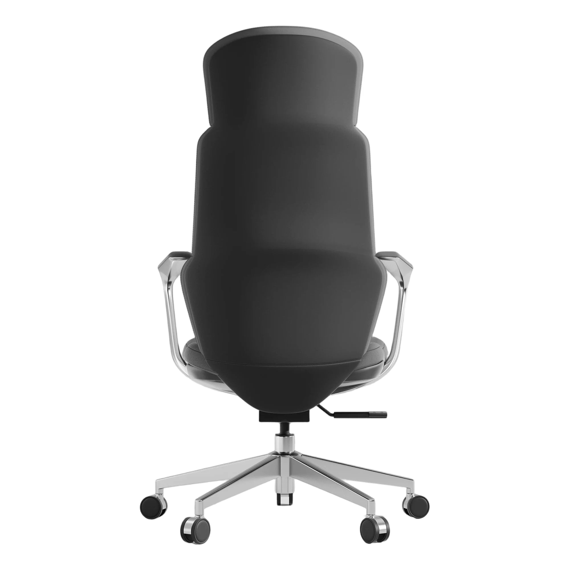 Dark leather swivel office chair with tall backrest and silver arm frame