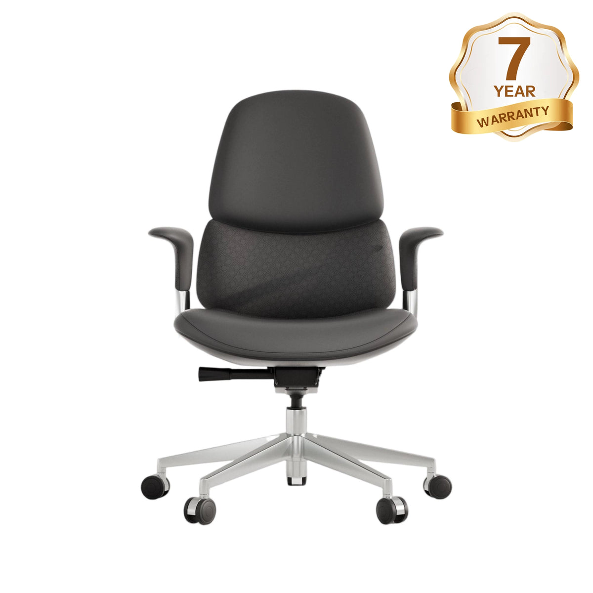 Mid-back leather office chair, black upholstered seat and back, adjustable height base