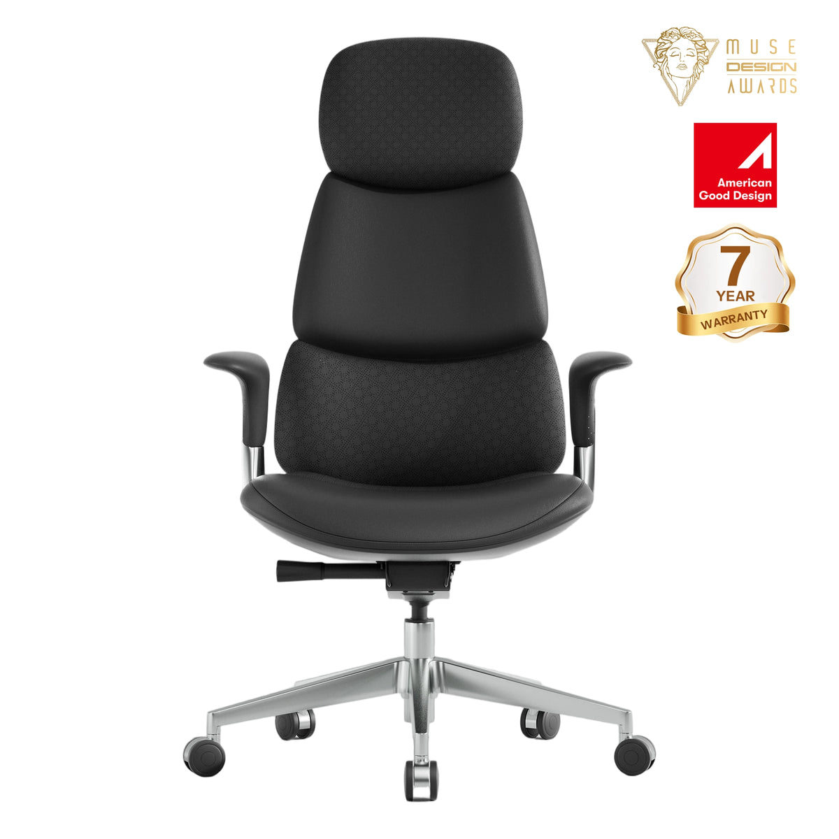 Nolan leather office chair in black with padded headrest, armrests, and caster base