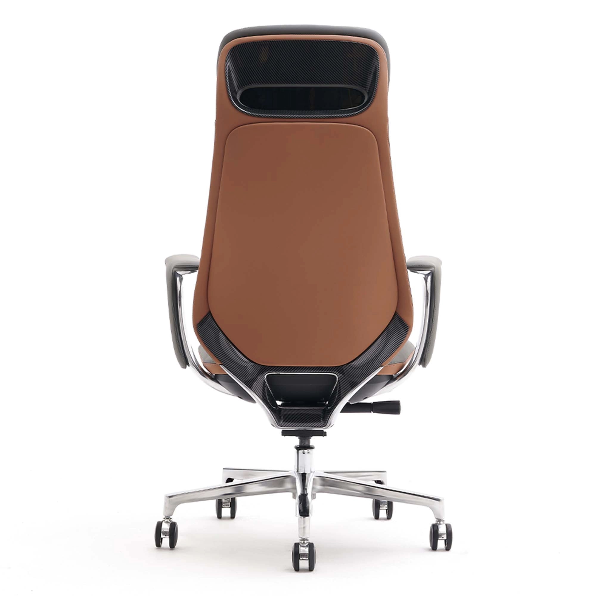 Brown leather office chair with orange back and seat, chrome arms, and swivel base