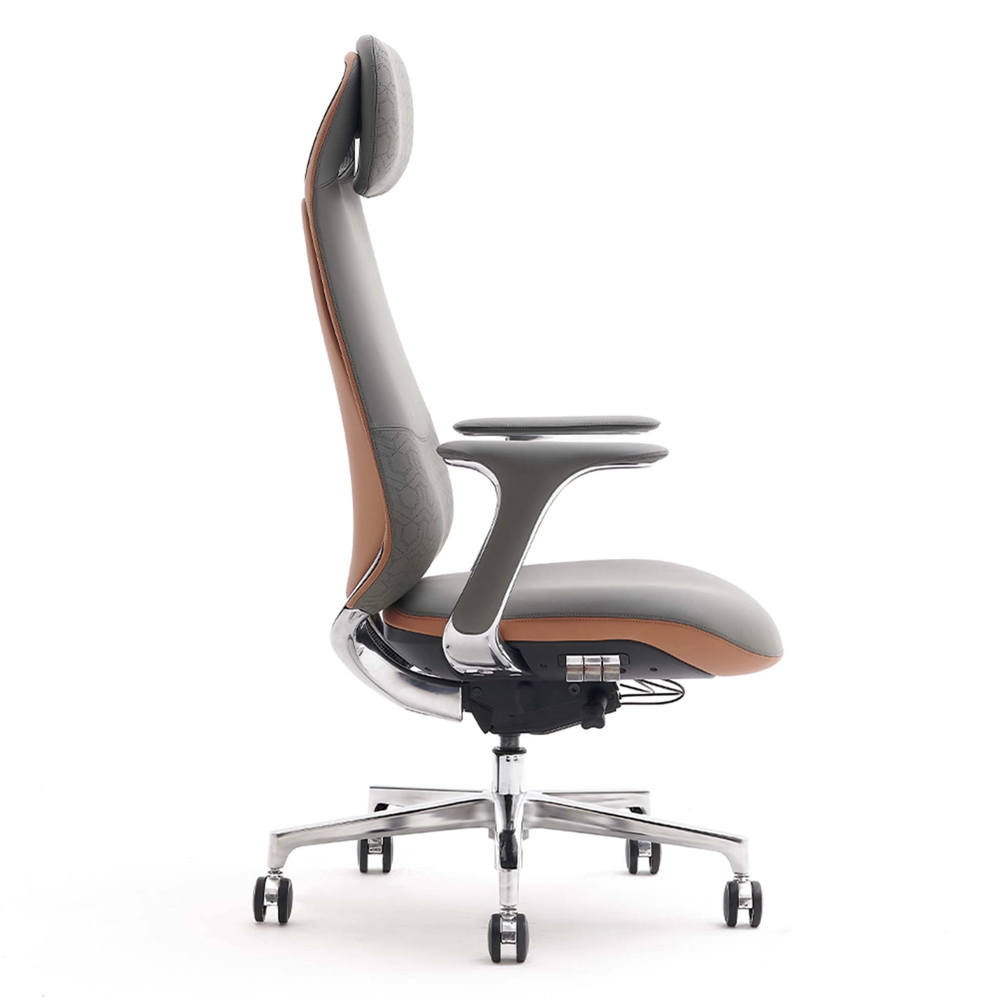 Two-tone orange-and-gray leather office chair with chrome armrests and swivel base
