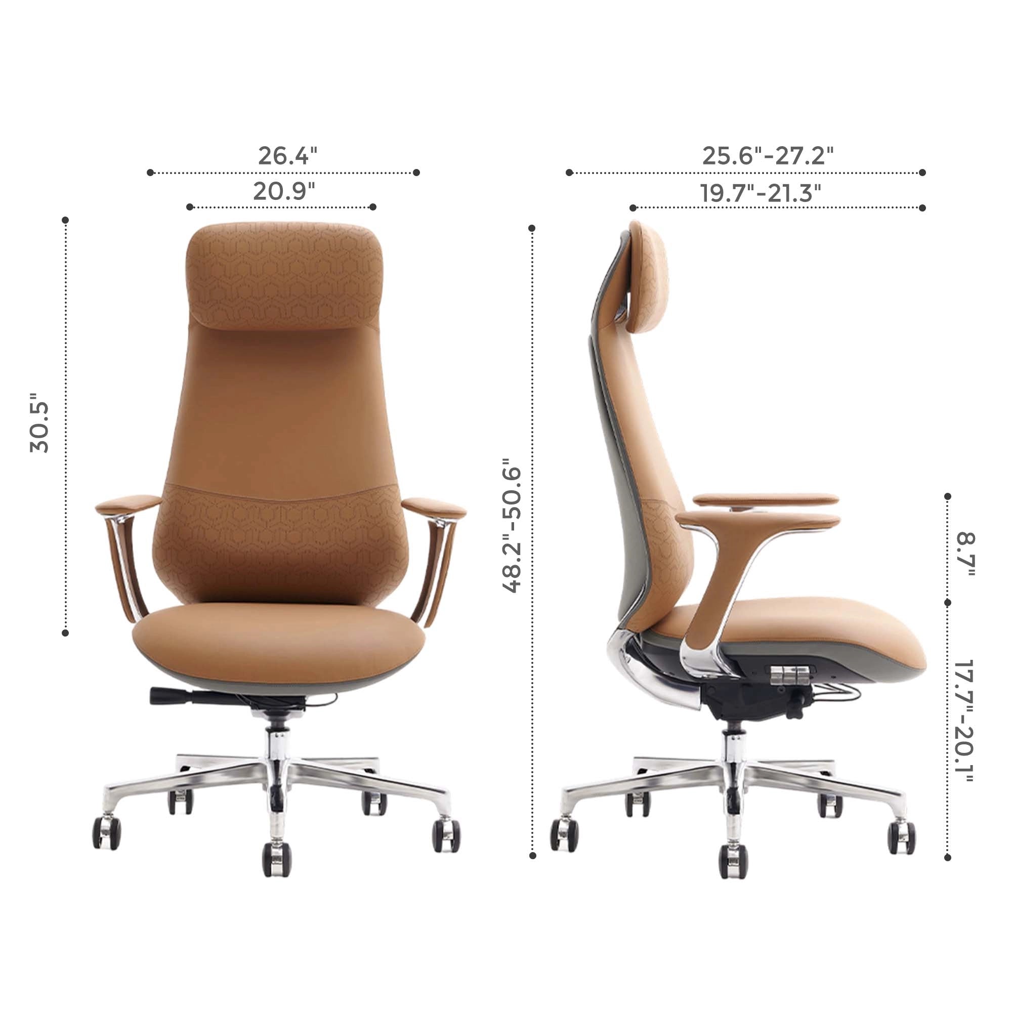 Nyla leather chair in tan with rounded backrest, armrests, and swivel base with wheels