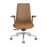 Mid-back leather office chair, burnt orange front view, padded armrests, swivel base with casters