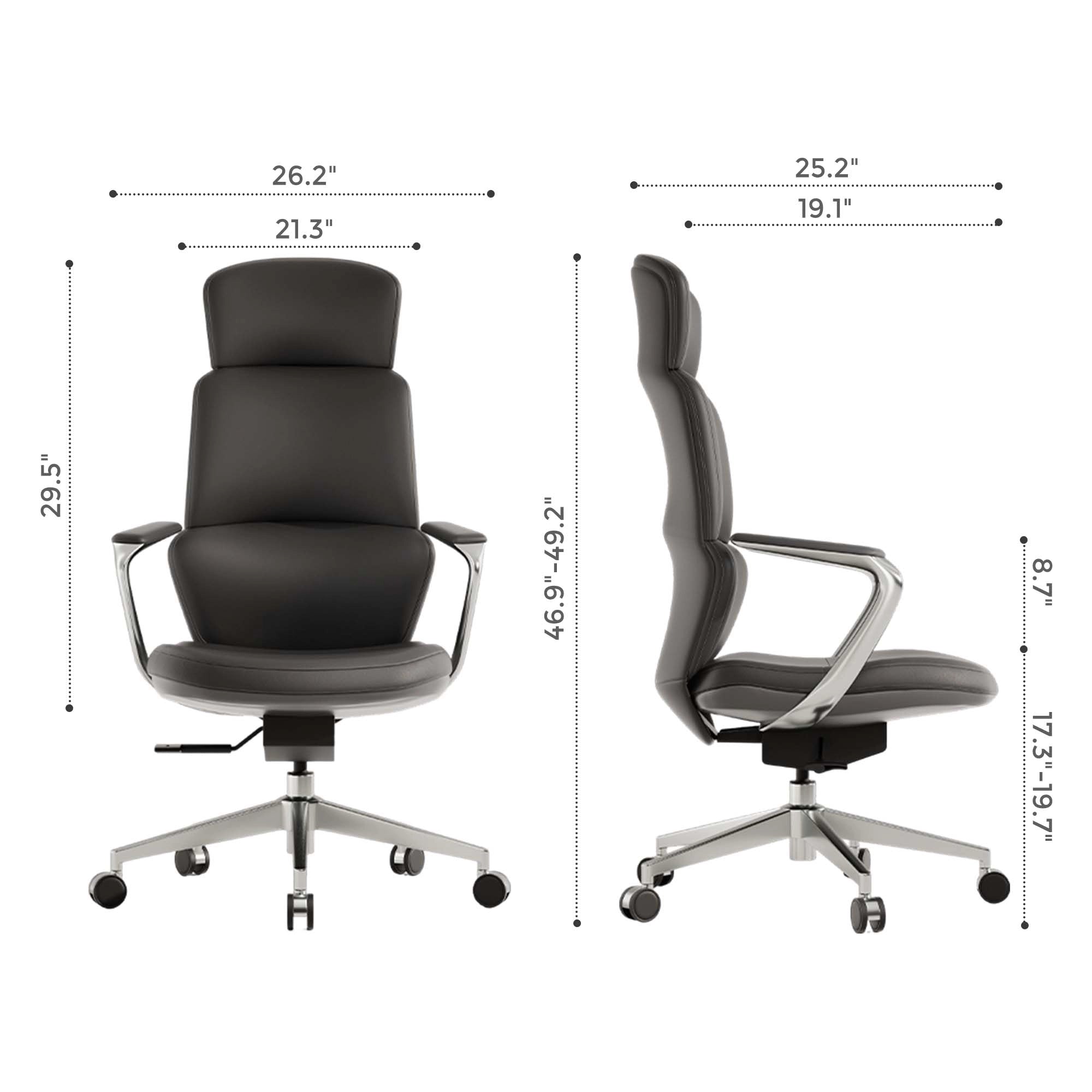 Black leather office chair with contoured backrest and curved seat, chrome swivel base