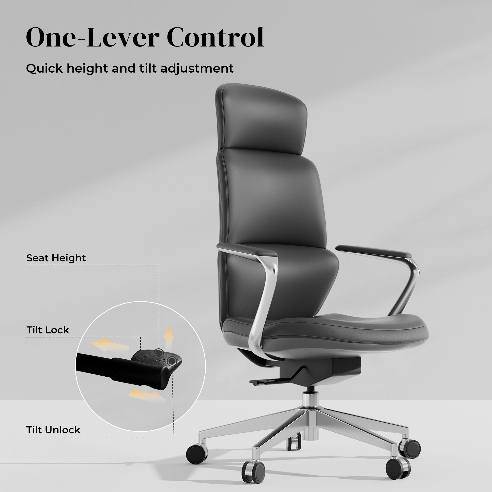 Gray leather swivel office chair with one-lever control and curved seat