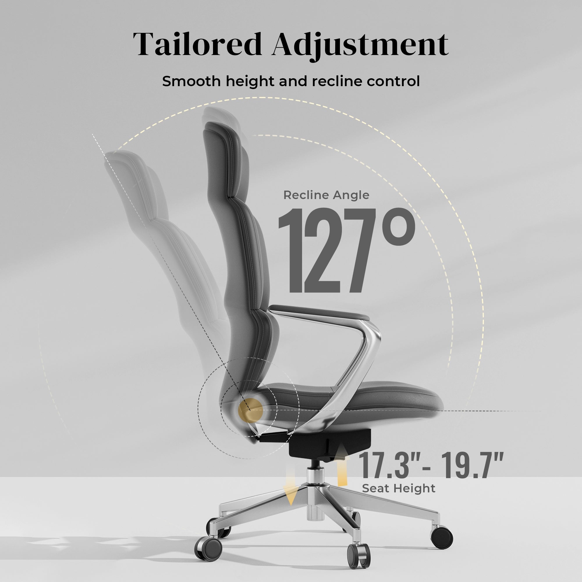 Dark gray leather swivel office chair with recline angle and adjustable seat height