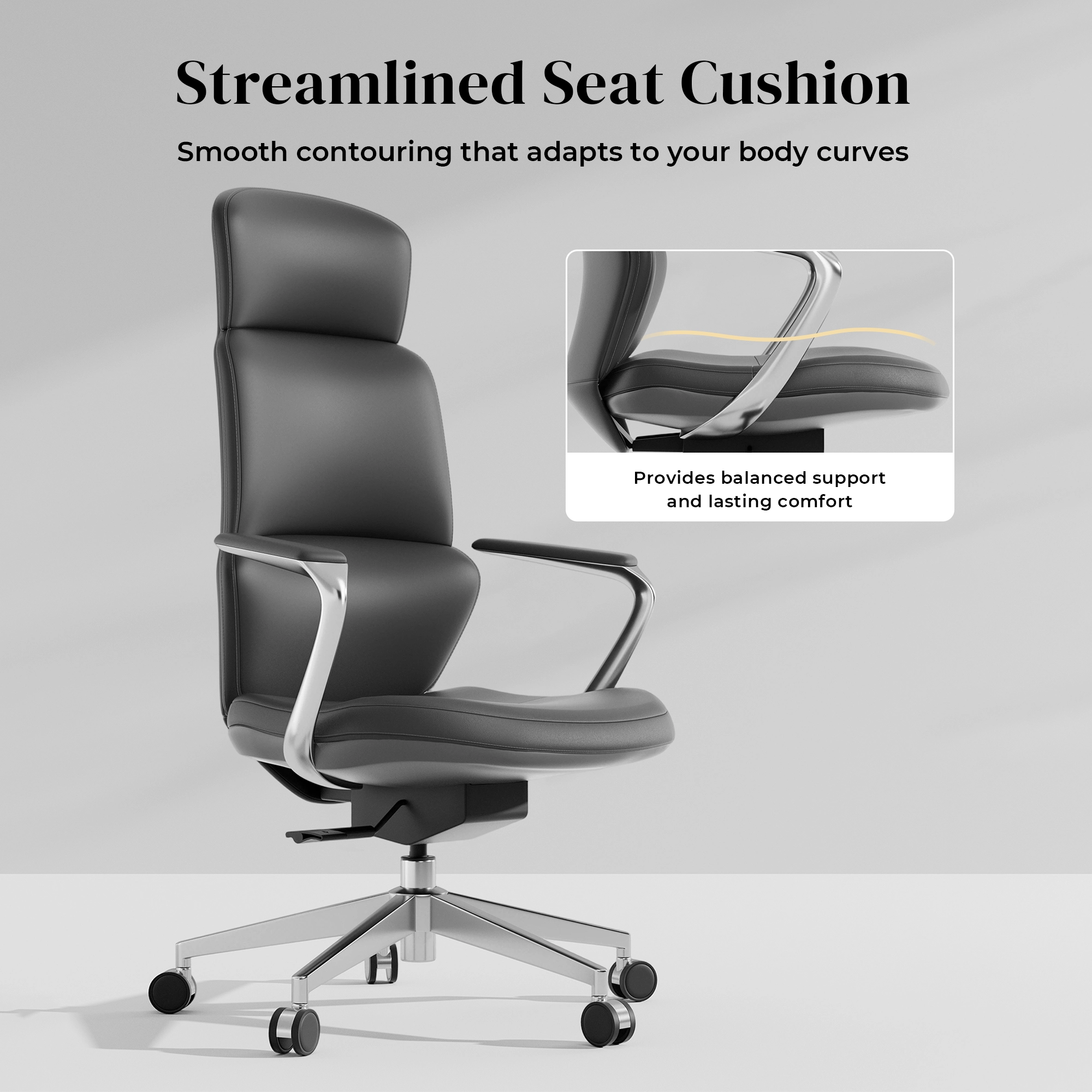 Black leather swivel office chair with tall backrest and cushioned seat