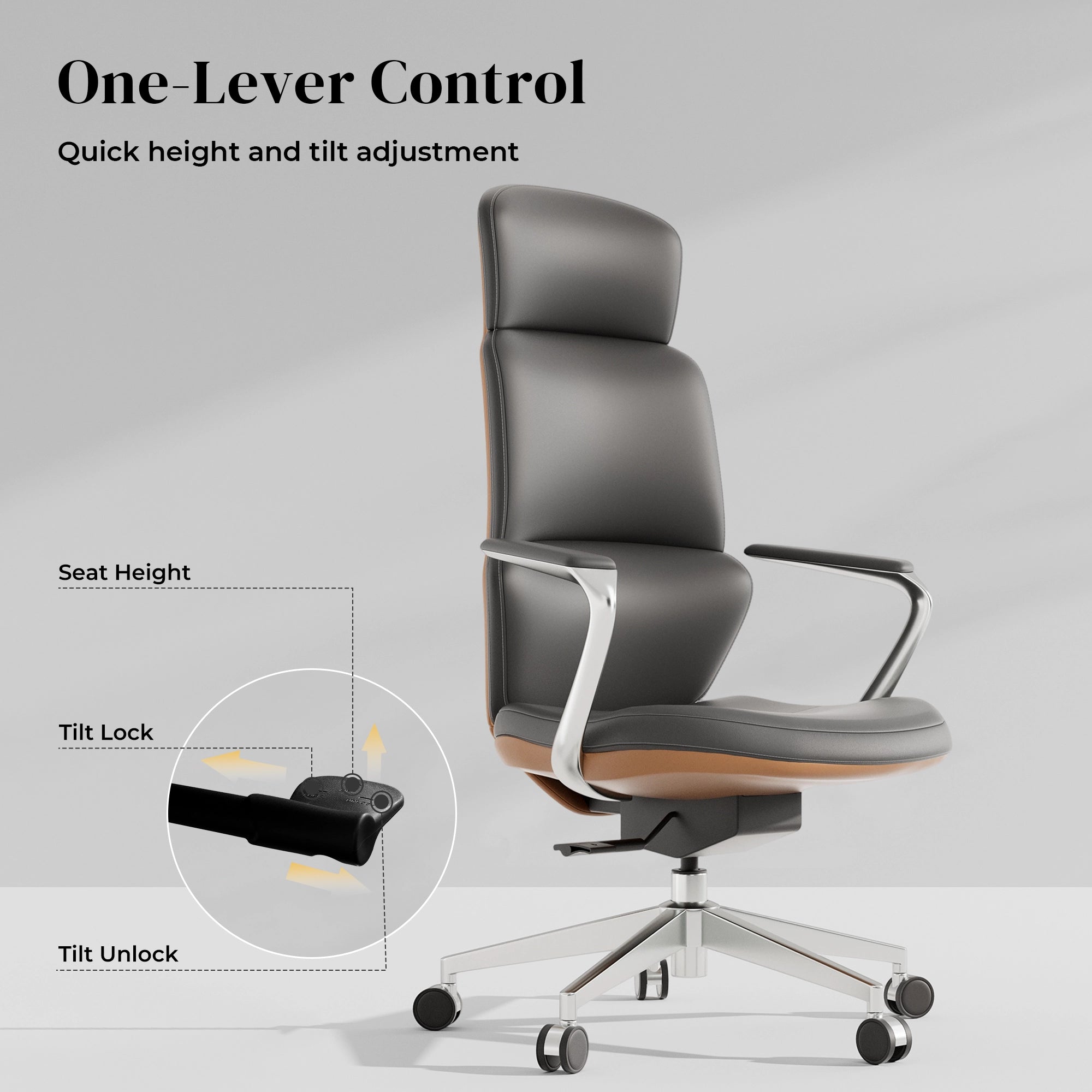 Dark gray leather office chair with armrests and adjustable height base