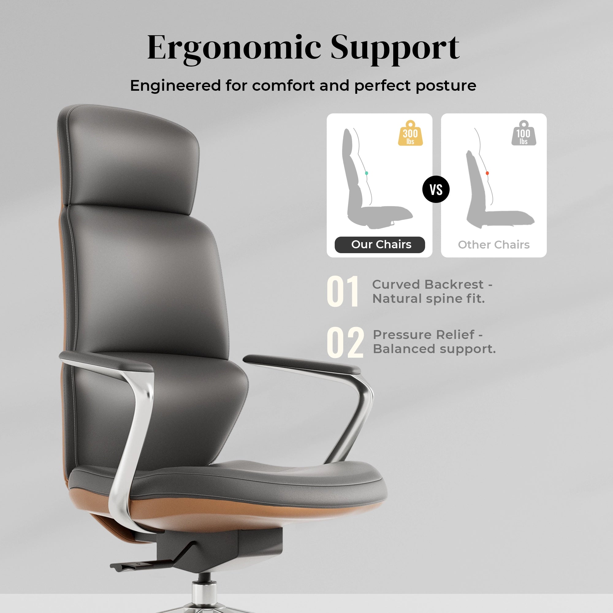 Dark gray leather office chair with curved backrest and supportive seat