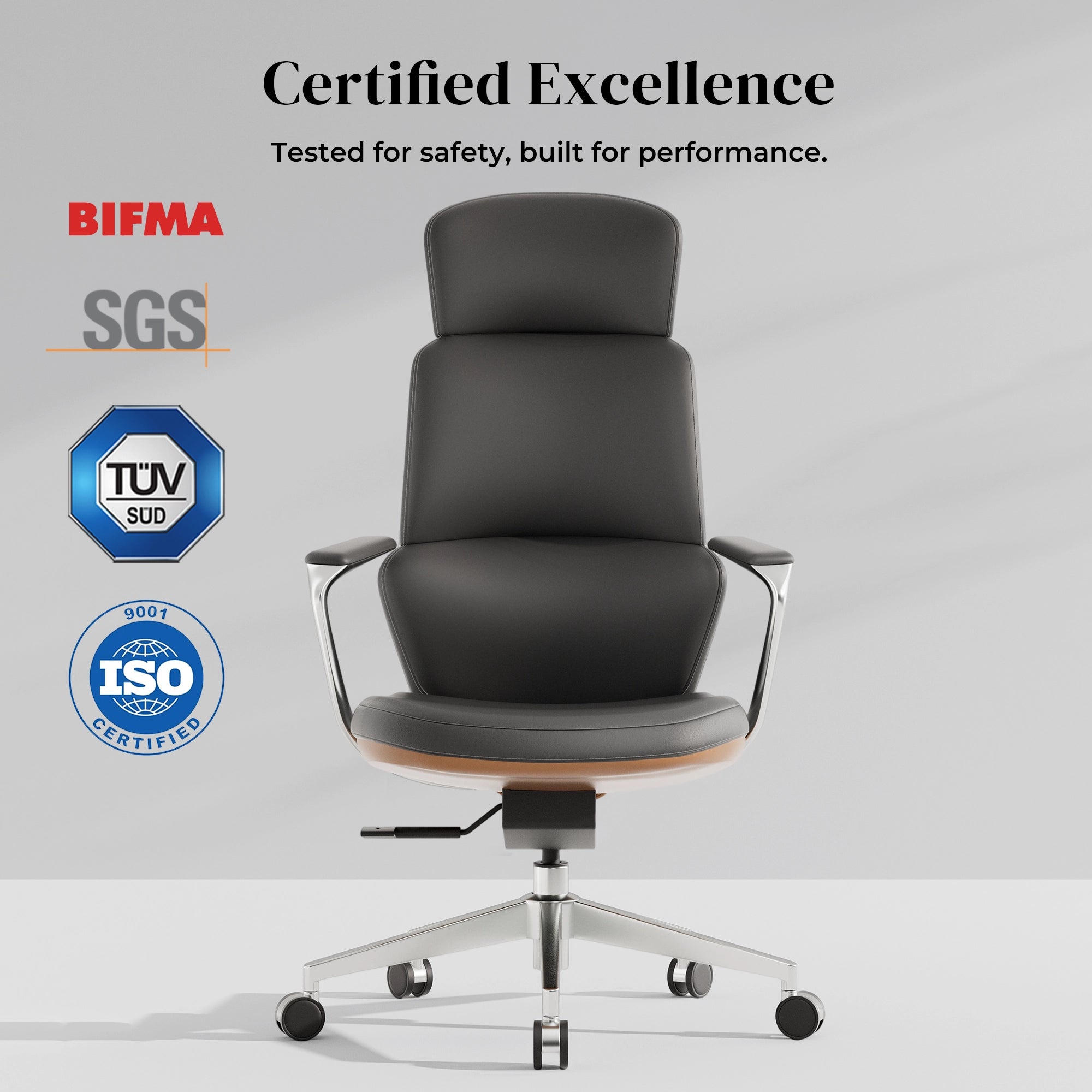 Black leather office chair with padded back, seat, and five-star caster base