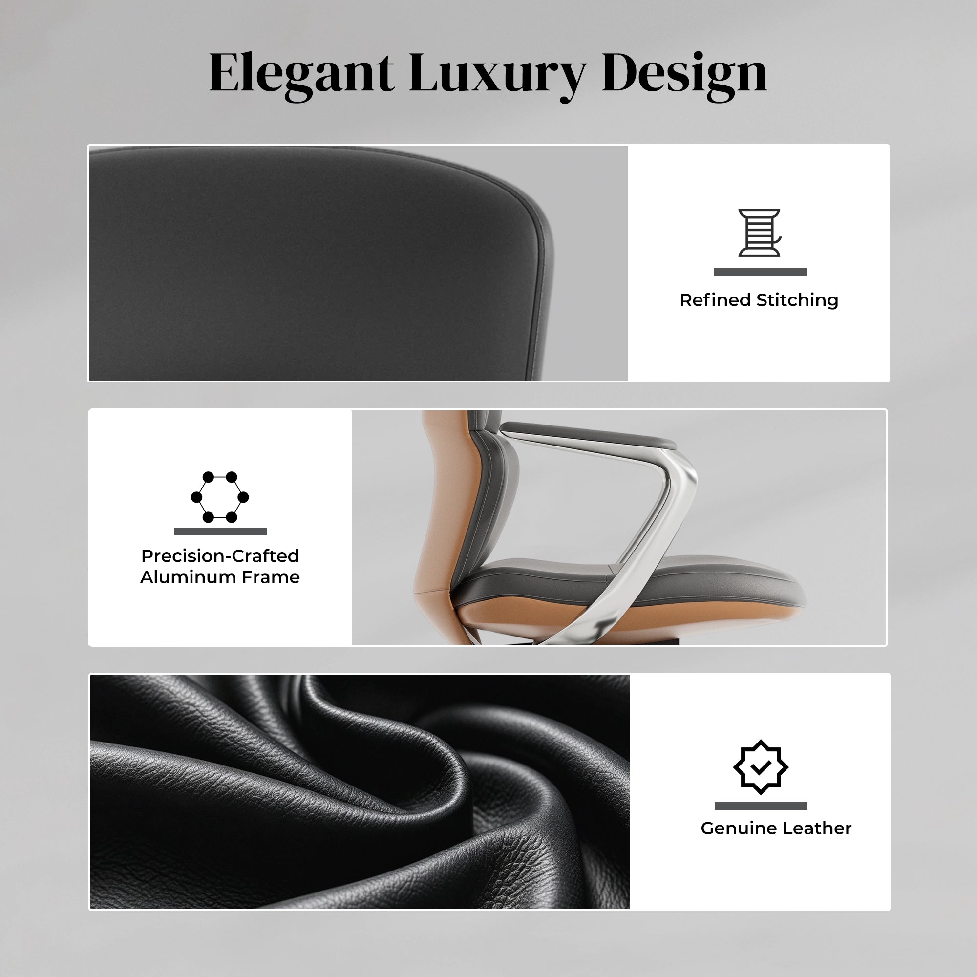 Black leather office chair with refined stitching and chrome frame accents