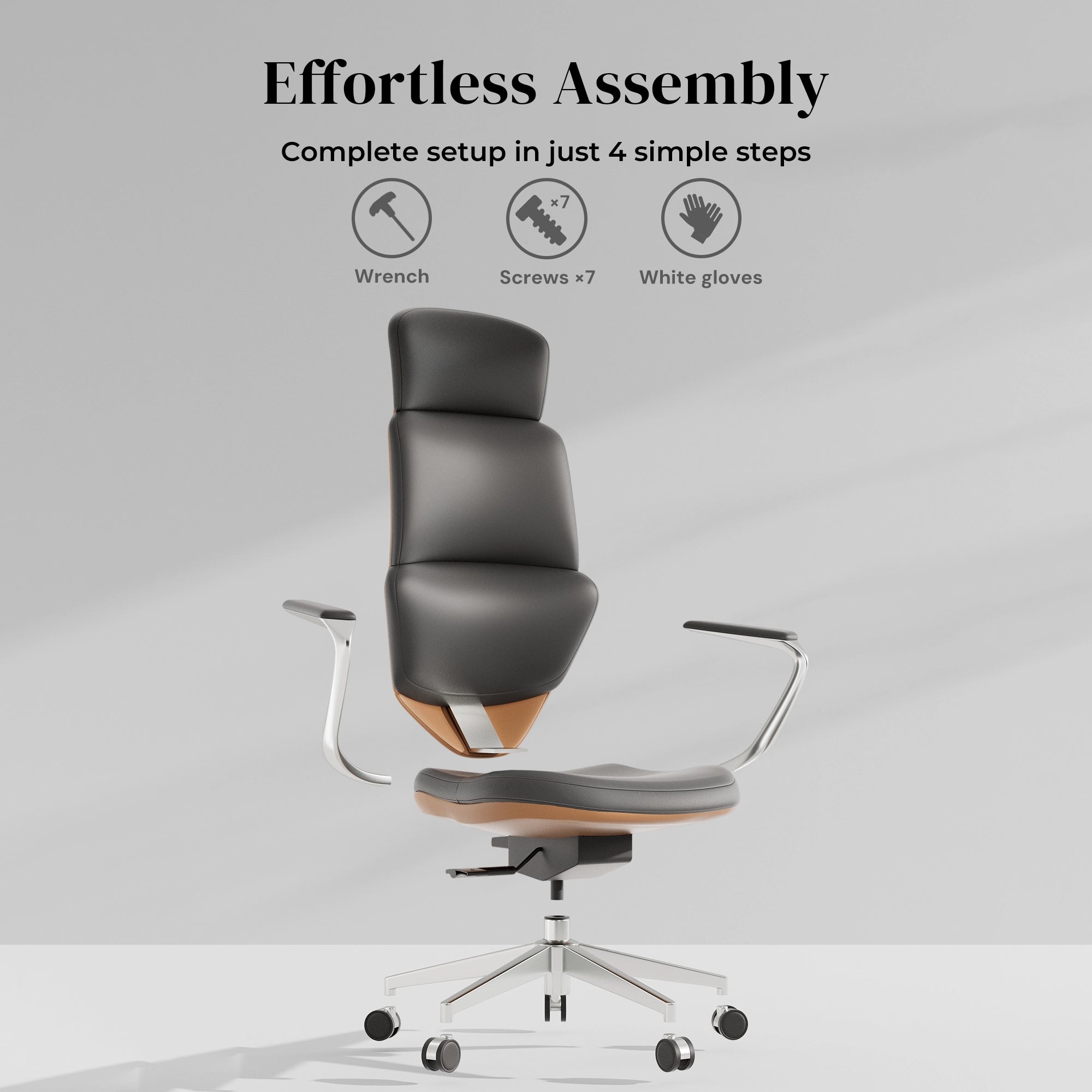 Black leather office chair with curved backrest and padded seat