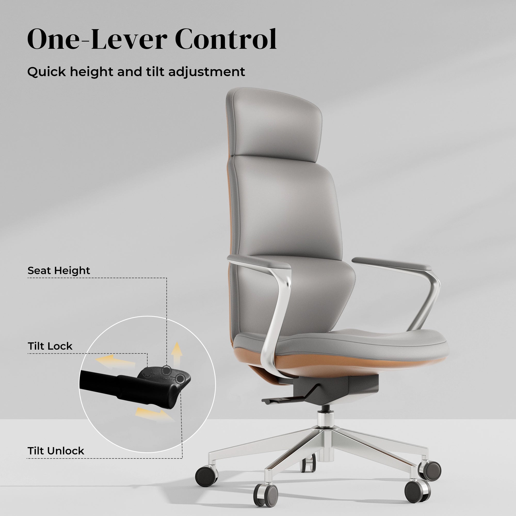Light gray leather swivel office chair with one-lever control base