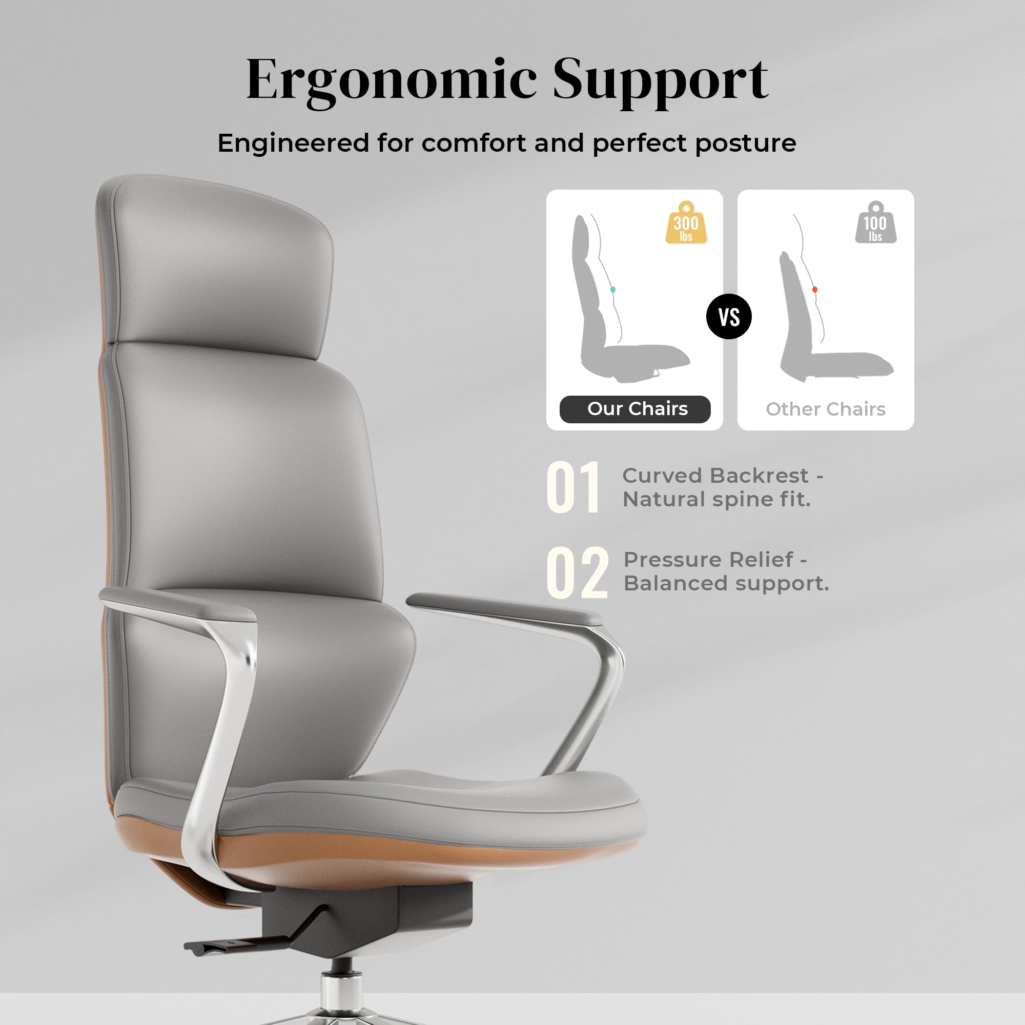 Light gray leather swivel office chair with ergonomic curved seat and backrest