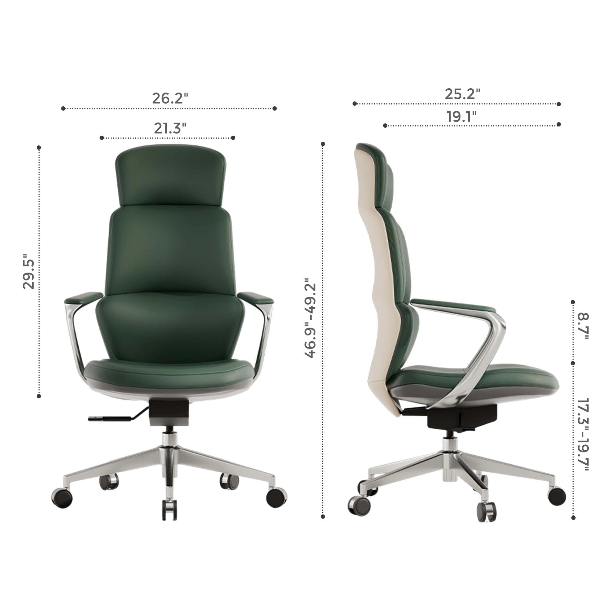Dark green leather office chair with tall back, padded seat, swivel base, and caster wheels