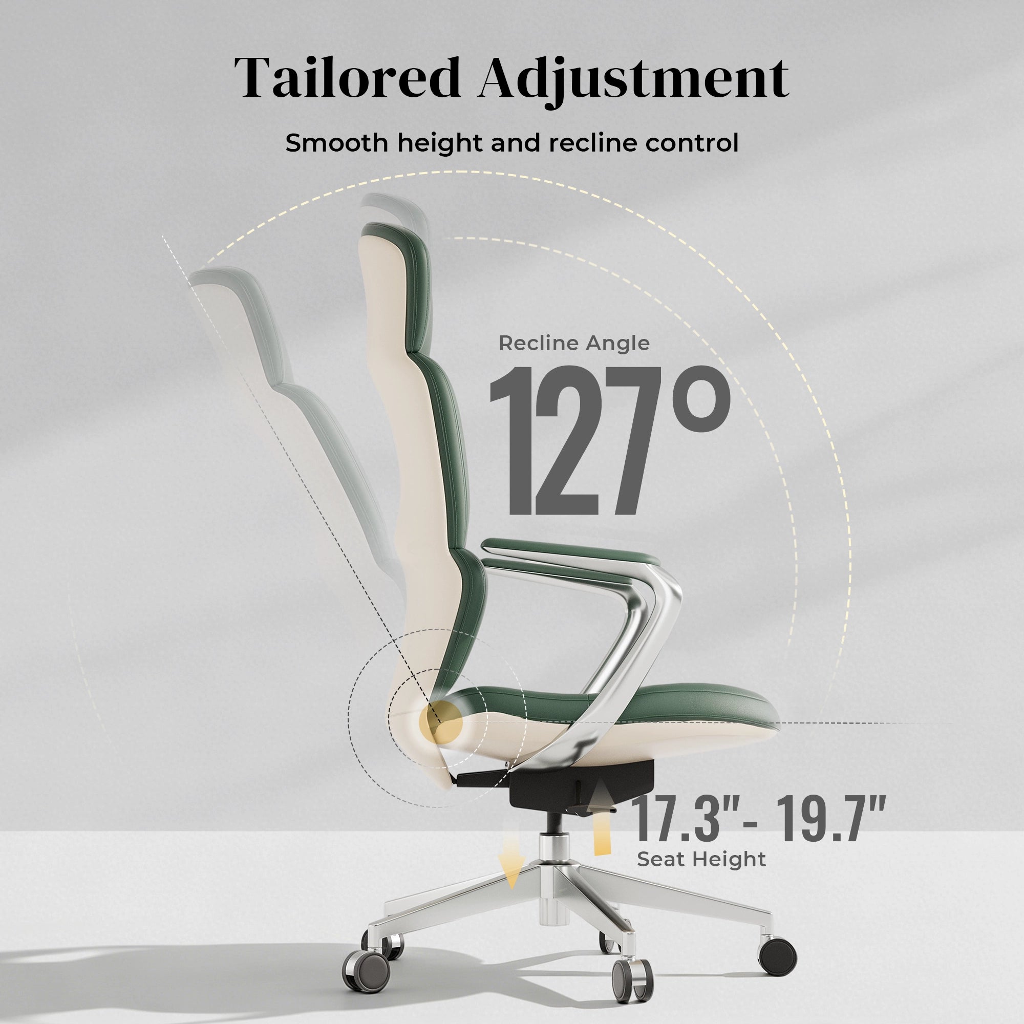 Green leather swivel office chair with recline angle markings and adjustable base