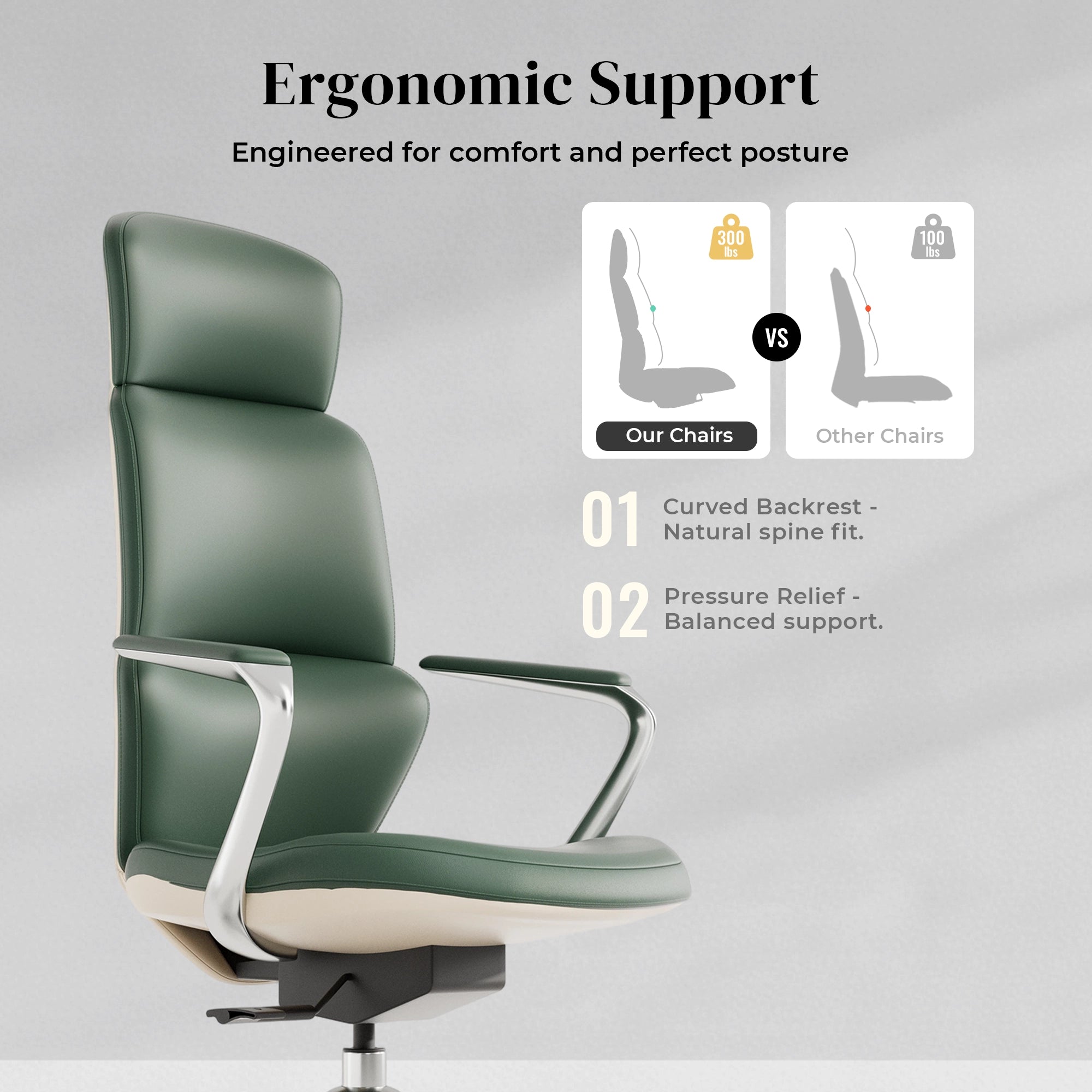 Green leather swivel office chair with ergonomic curved seat and back support