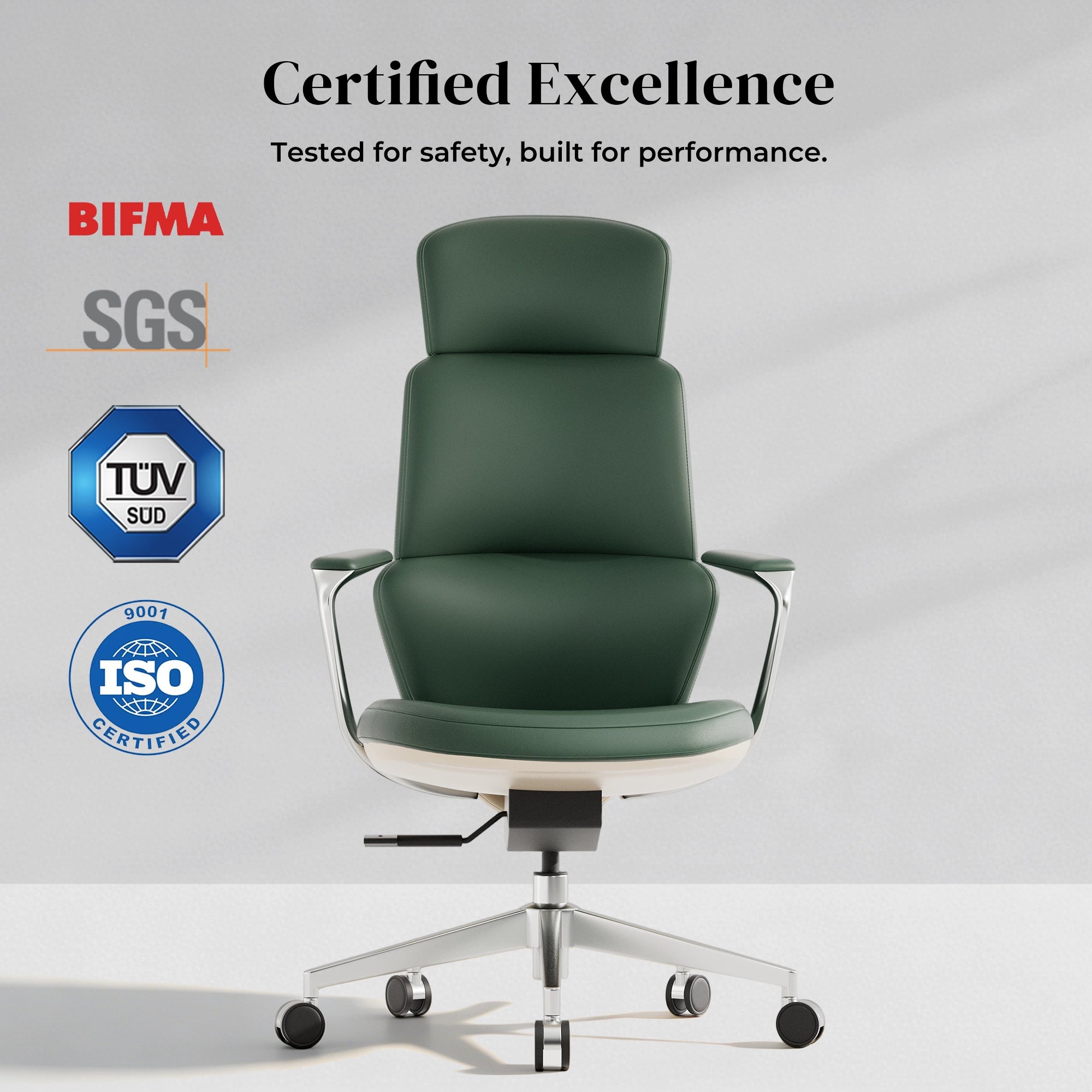 Green leather swivel office chair with padded seat and tall backrest