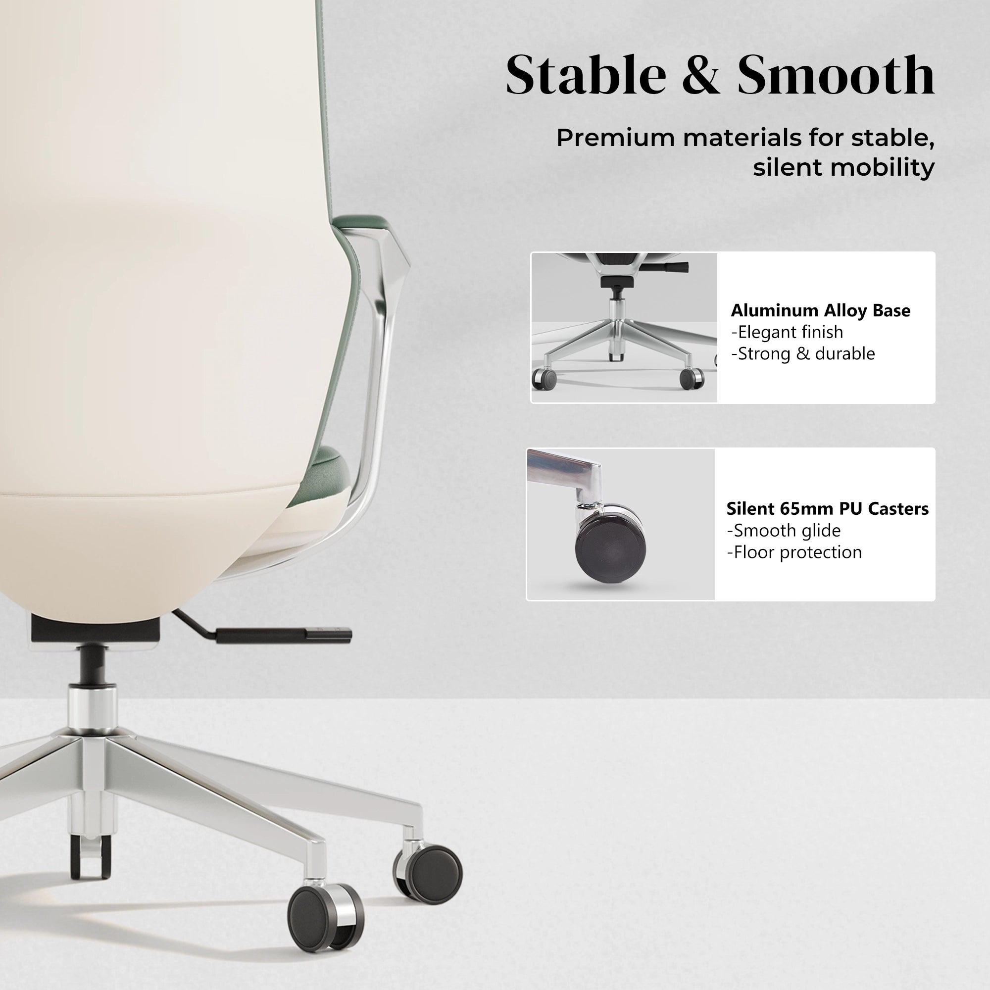 Green leather swivel office chair with metal base and caster wheels