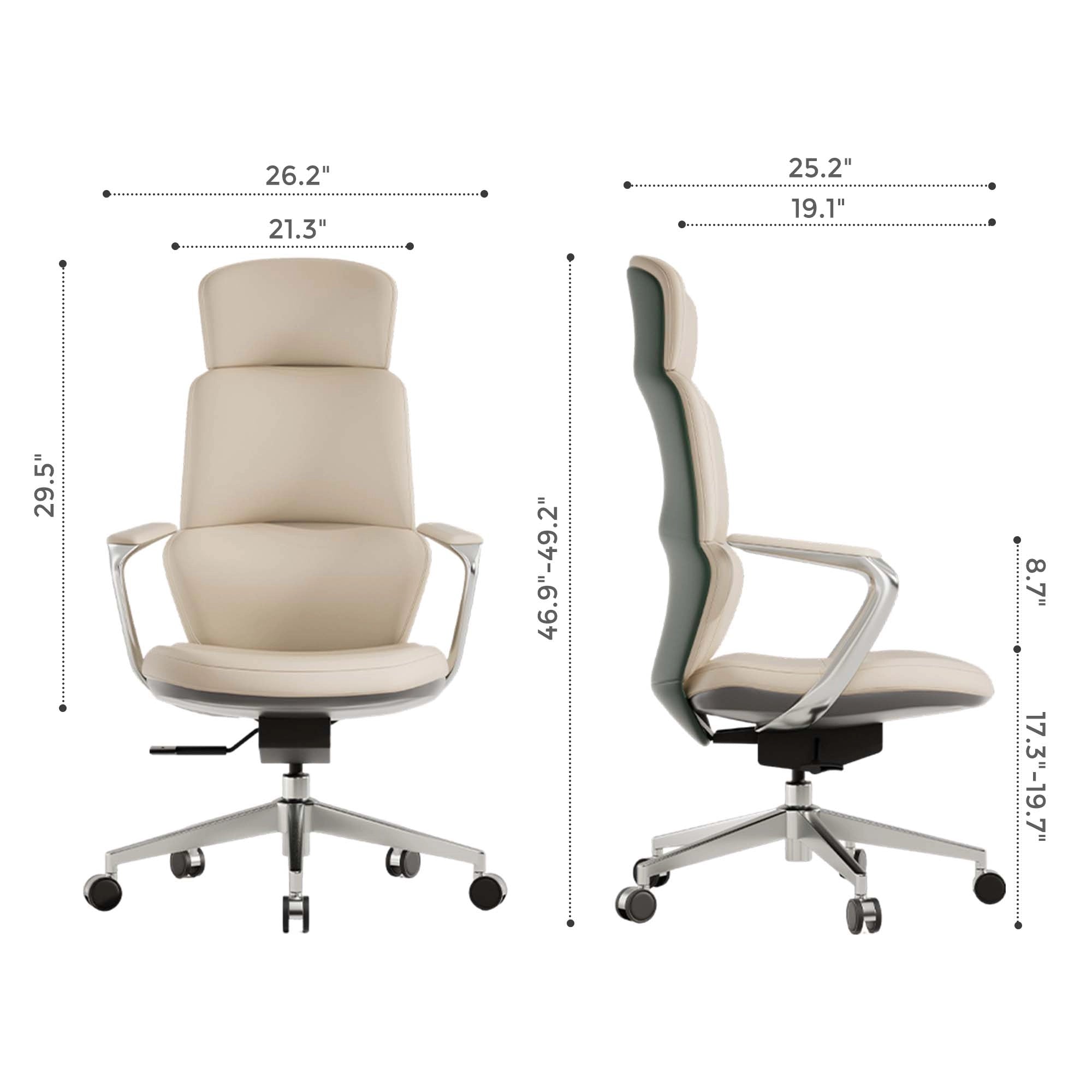Beige leather office chair with padded headrest and arched armrests, swivel base and casters