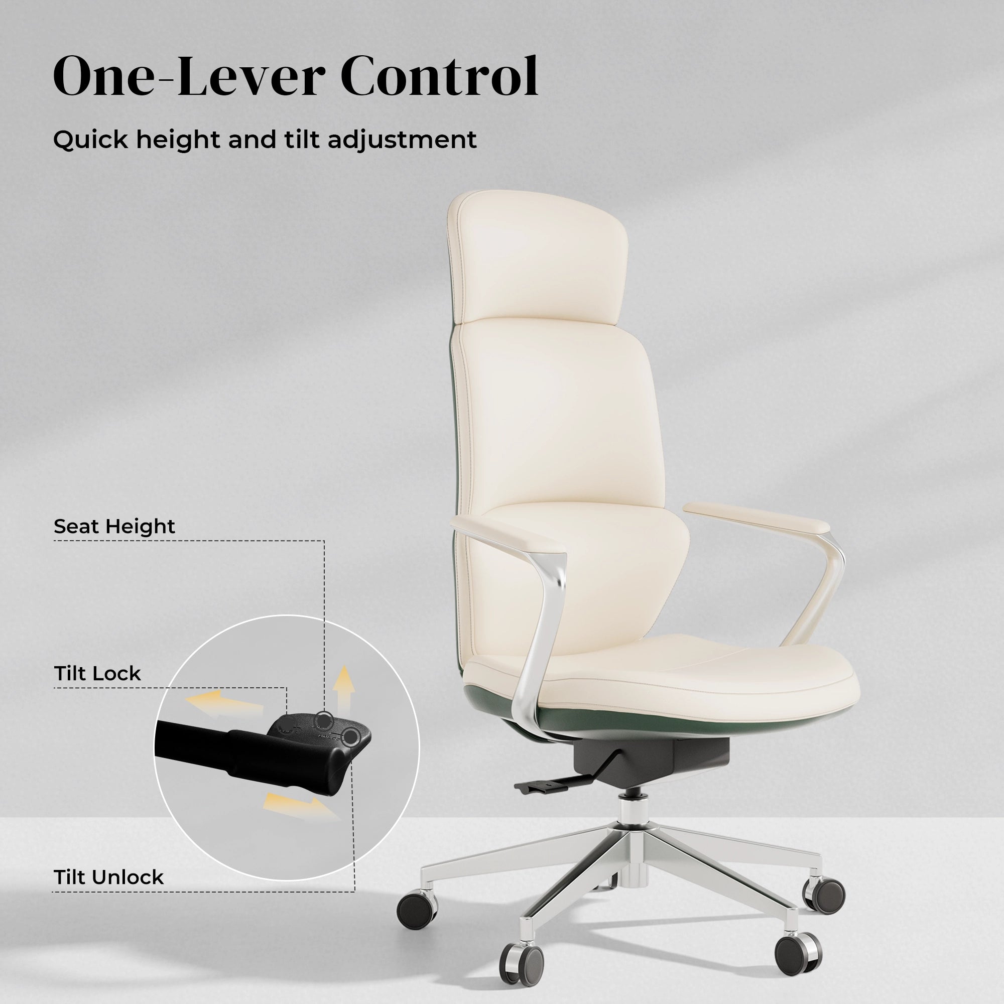 Cream leather swivel office chair with one-lever control and curved seat