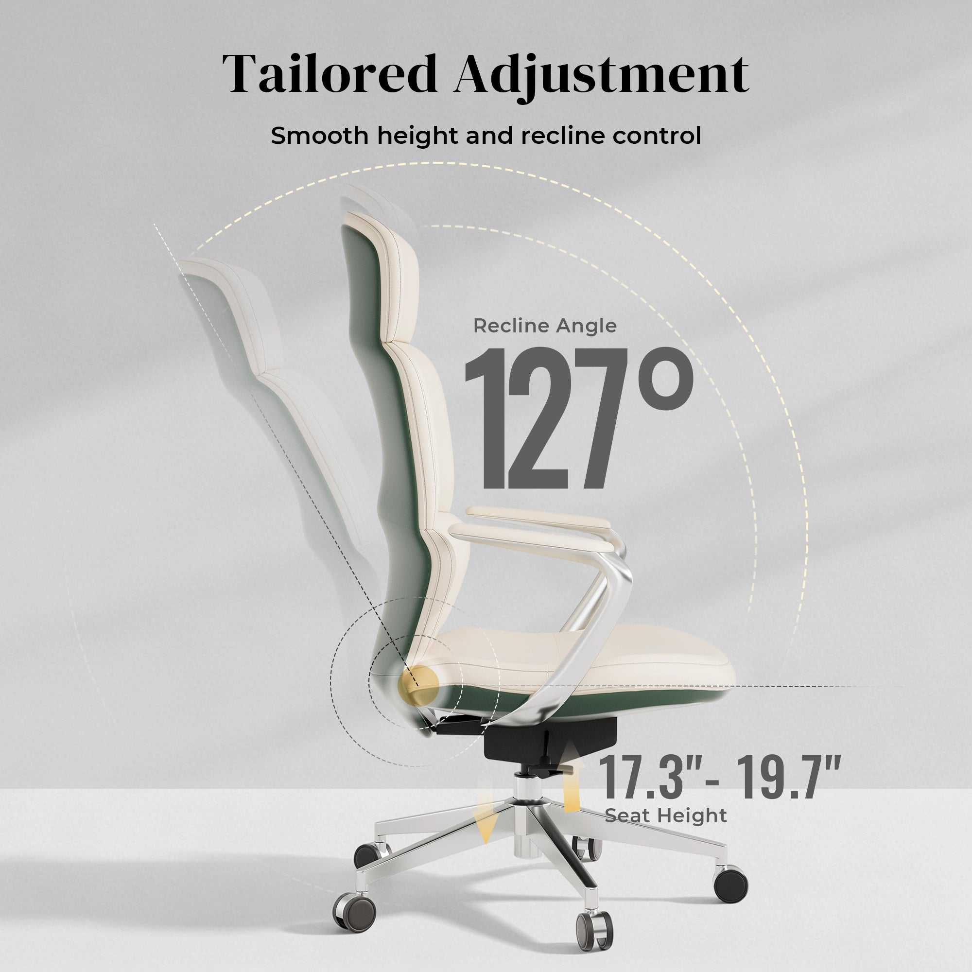 White and dark green leather office chair with tall reclined back and metal swivel base