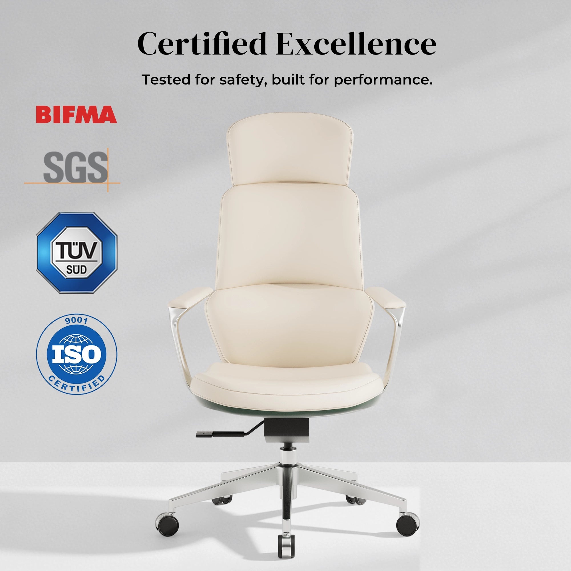 Cream leather office chair with padded headrest and seat, swivel base with caster wheels