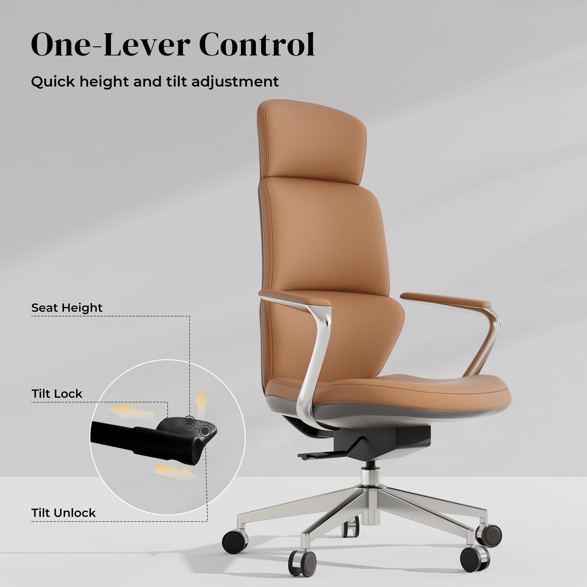 Tan leather swivel office chair with one-lever control base and curved seat
