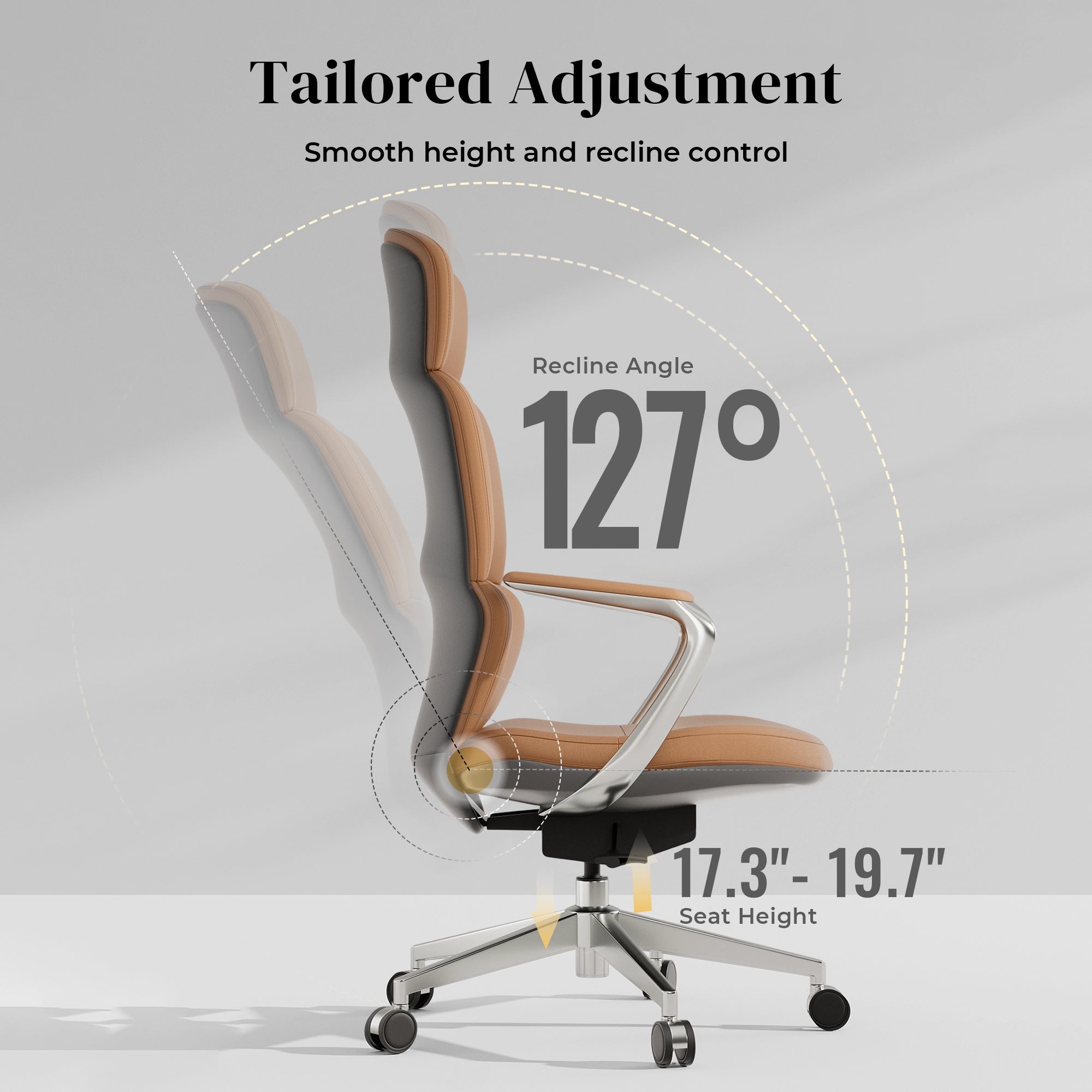 Tan leather swivel office chair with recline angle design and adjustable base
