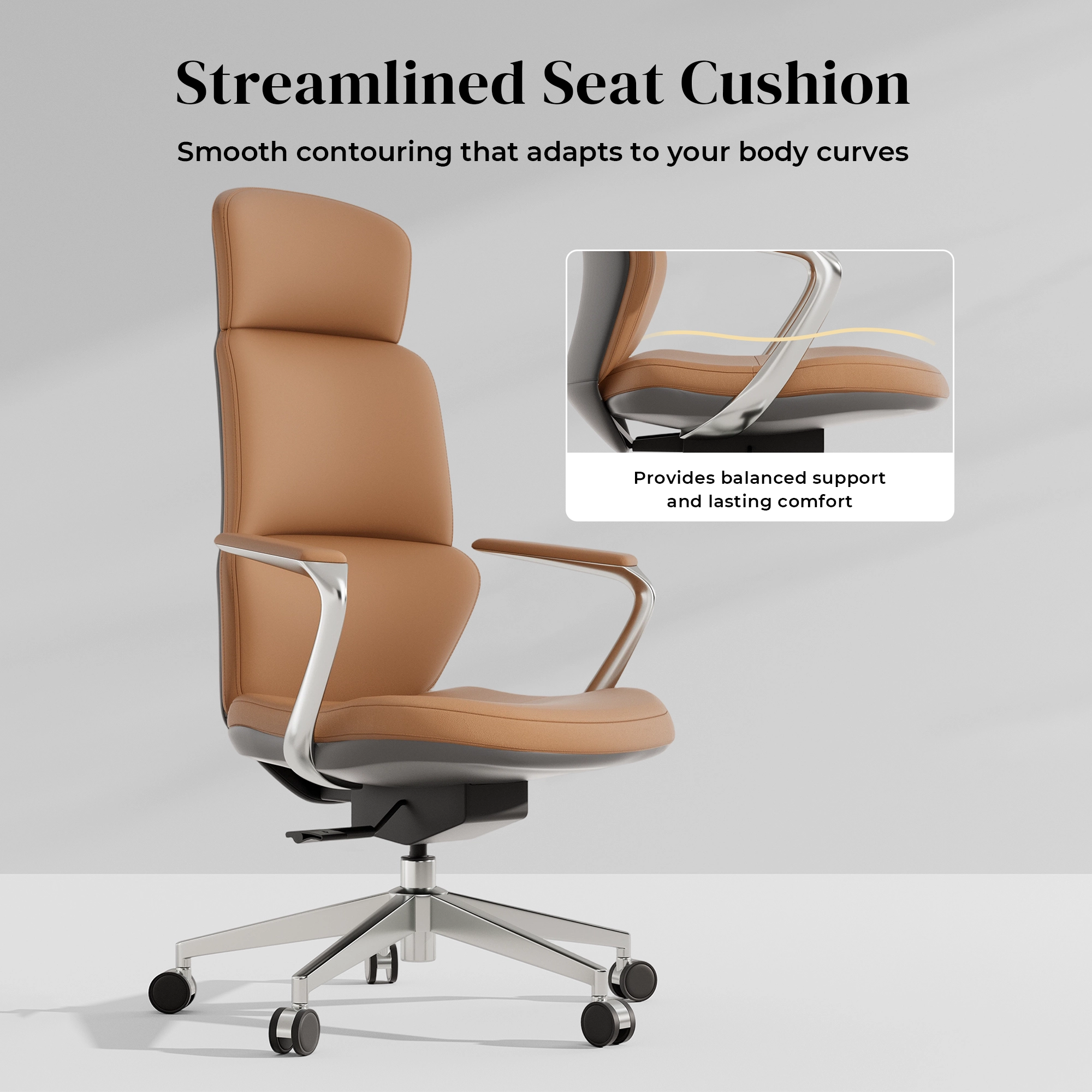 Tan leather swivel office chair with curved backrest and padded armrests