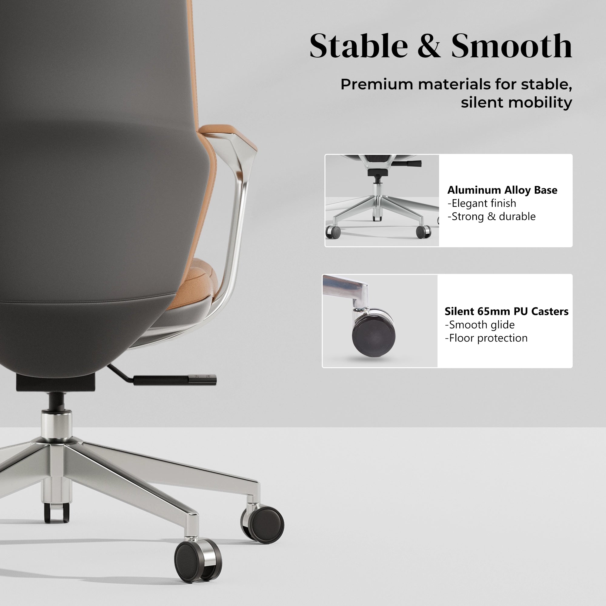 Tan leather swivel office chair with metal base and caster wheels