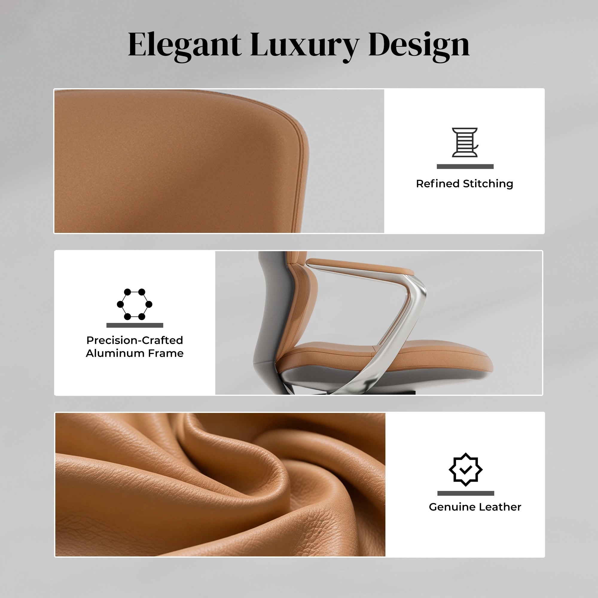 Tan leather office chair showing stitched leather upholstery and aluminum frame
