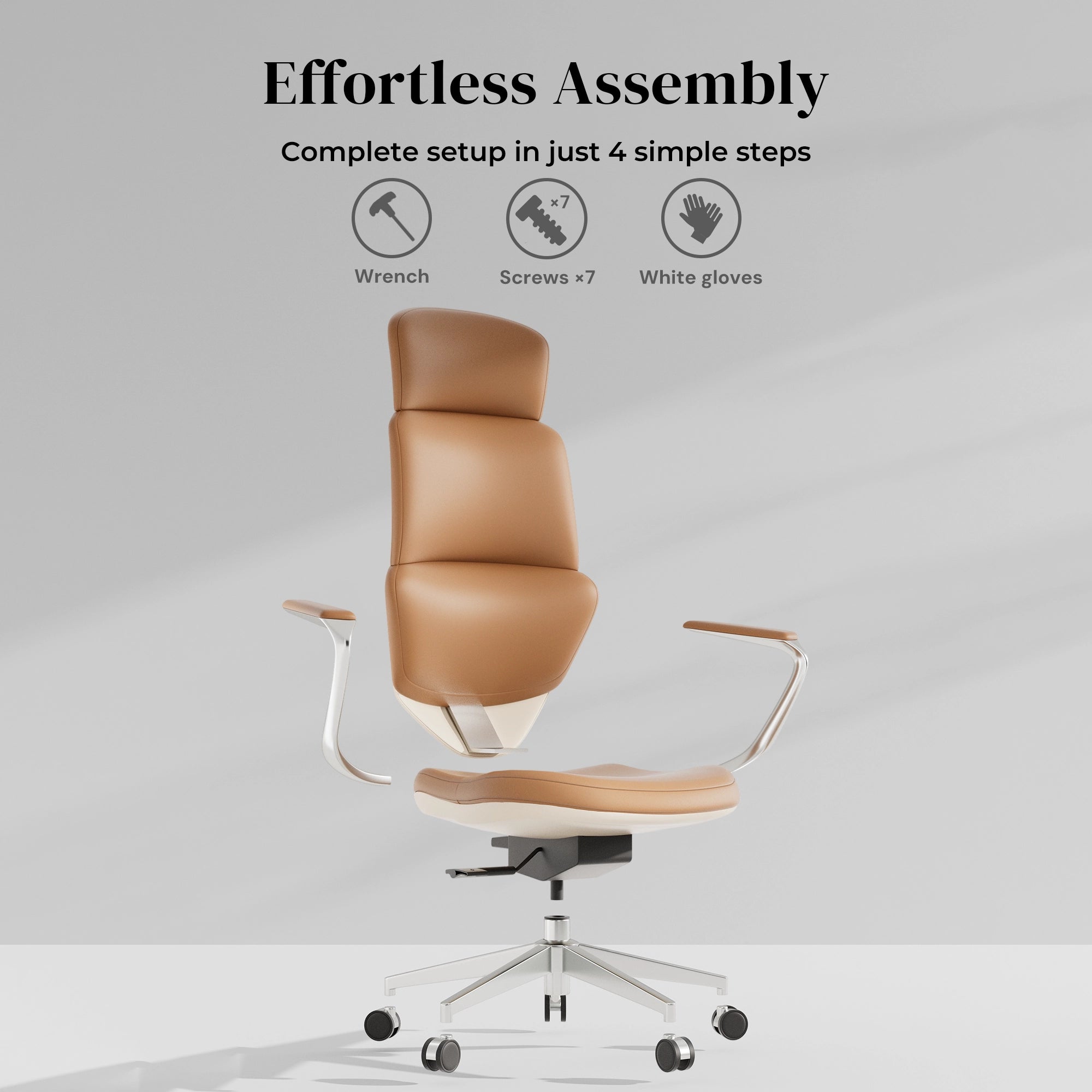 Tan leather swivel office chair with curved armrests and five-star caster base