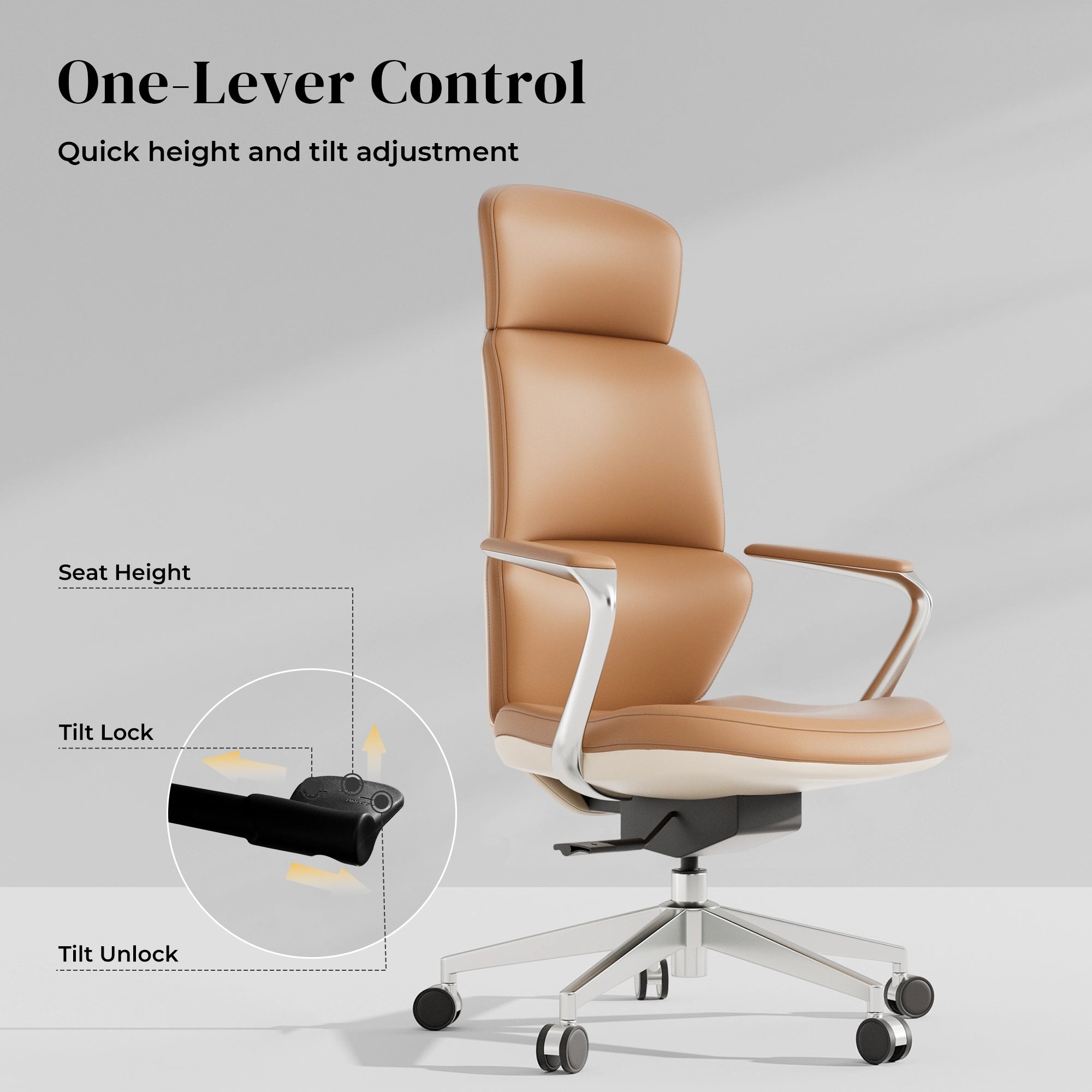 Tan leather office chair with padded seat and back, one-lever control base, rolling casters