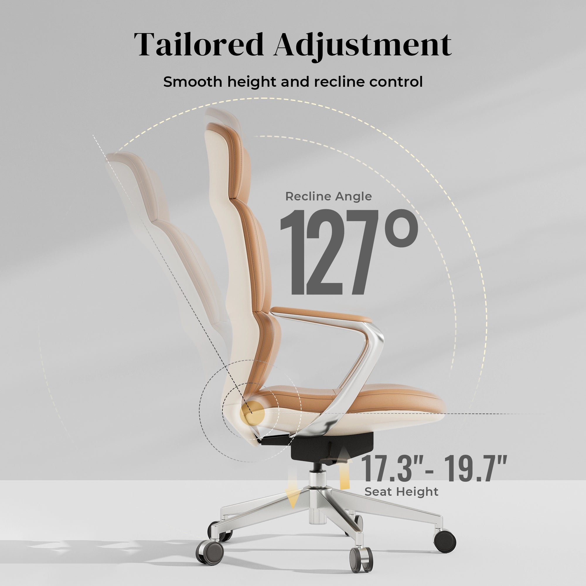 Tan leather office chair, side view showing recline, padded back and seat, casters