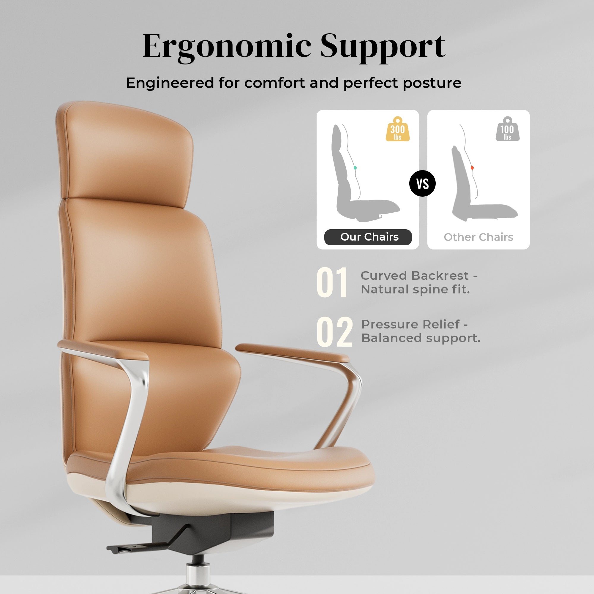 Tan leather office chair with curved back support, padded seat, armrests, swivel base