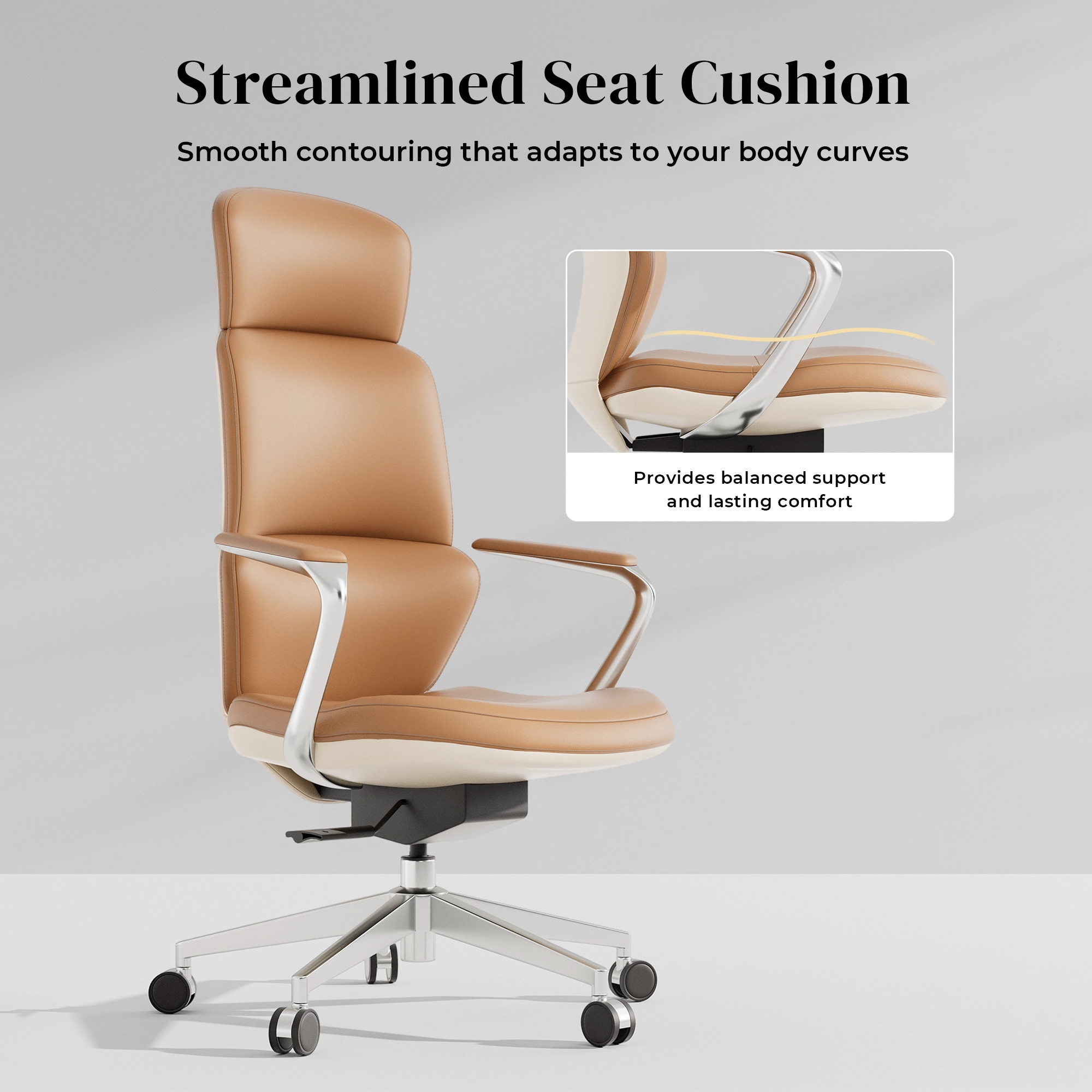 Tan leather office chair, front 3/4 view, tall backrest, curved arms, rolling swivel base