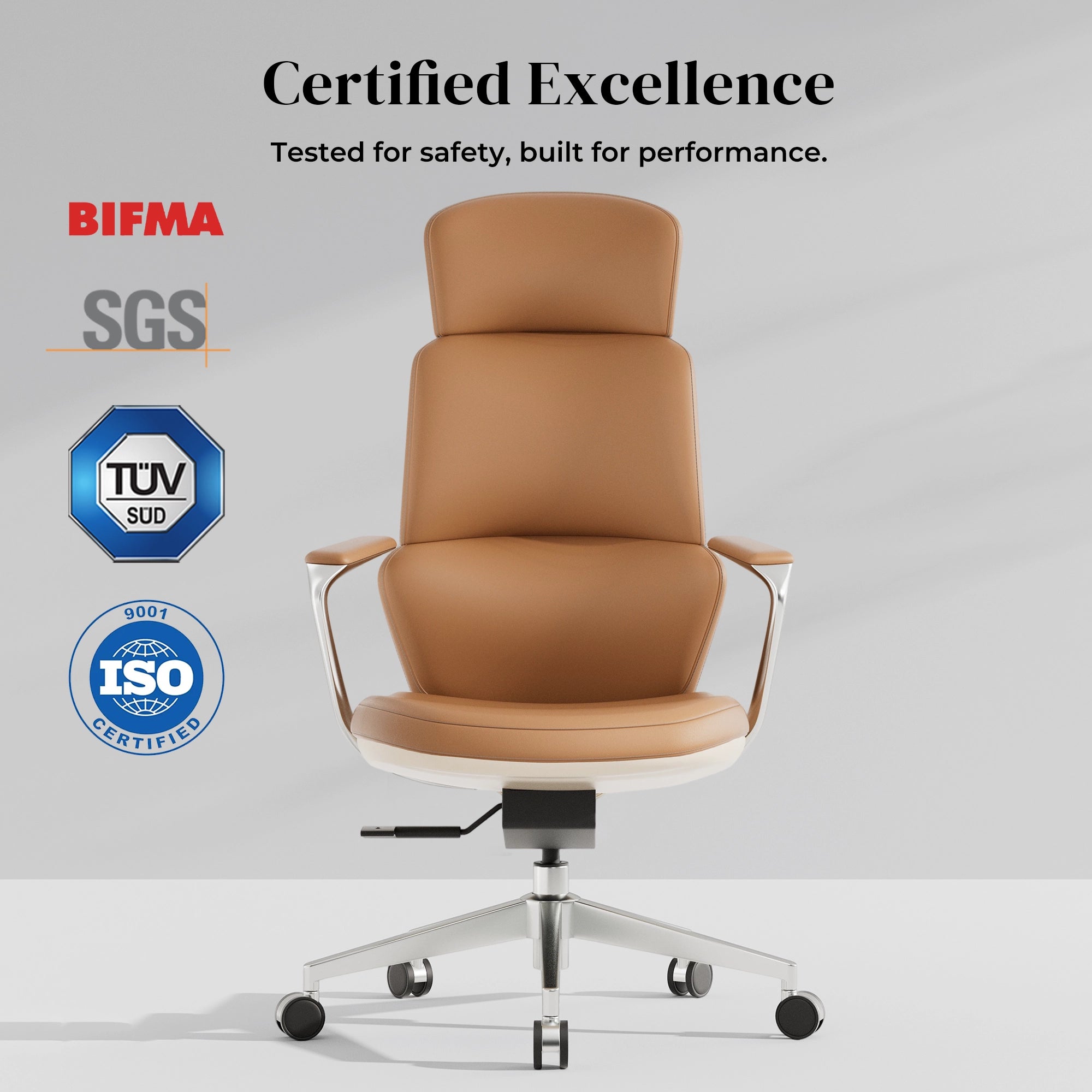 Tan leather office chair with headrest, thick backrest and seat, swivel base, rolling casters