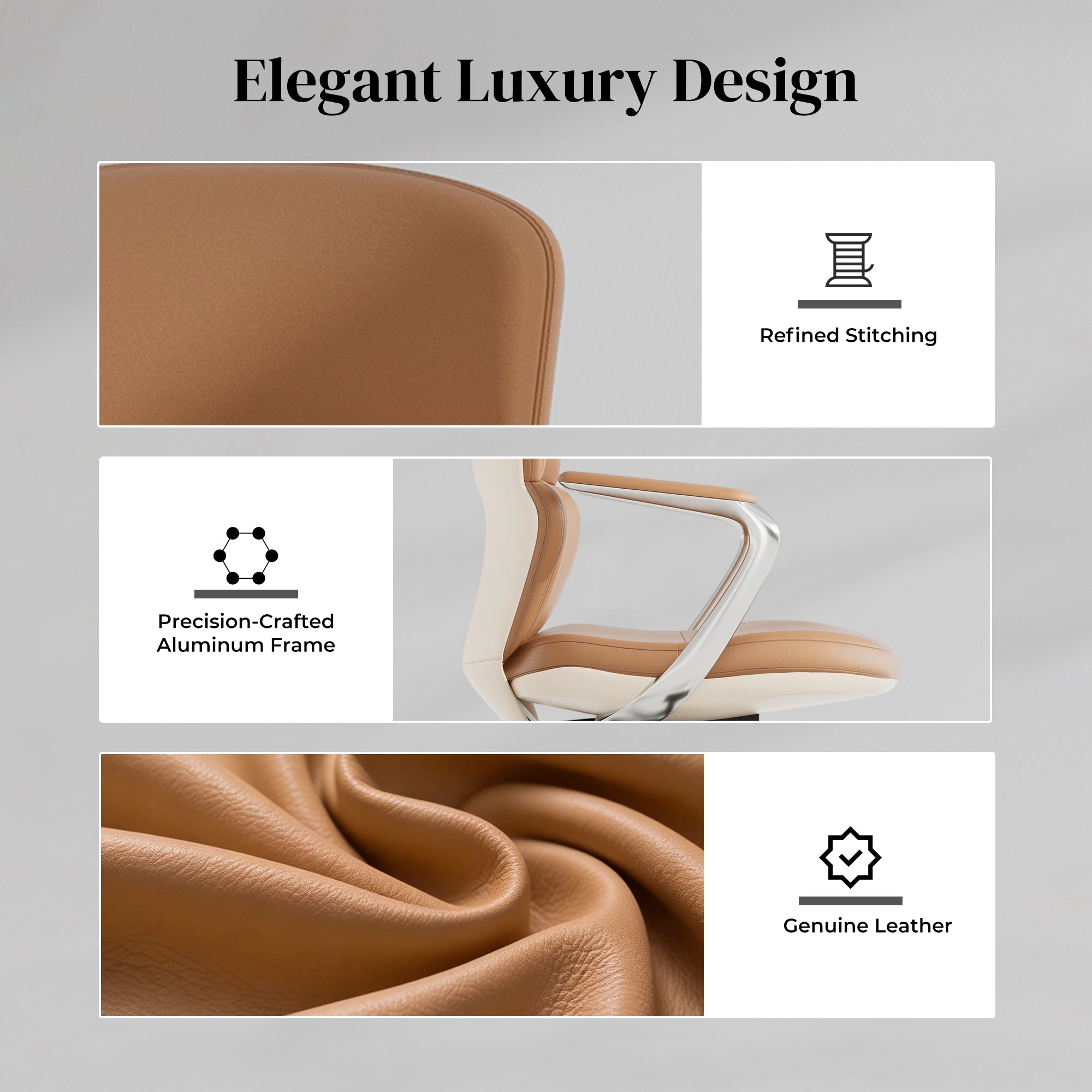 Brown leather office chair with refined stitching, curved arms, swivel base, casters