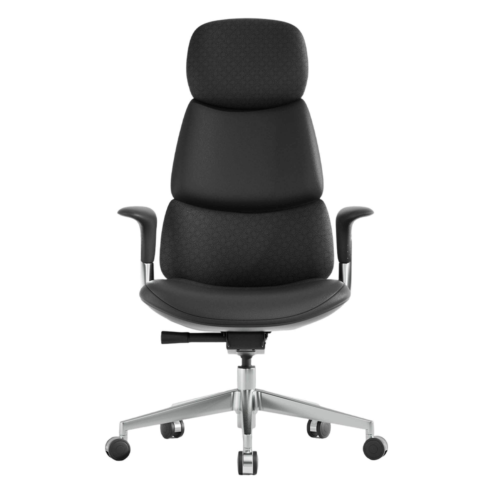 Black leather office chair with headrest, contoured back and seat, swivel base, five casters