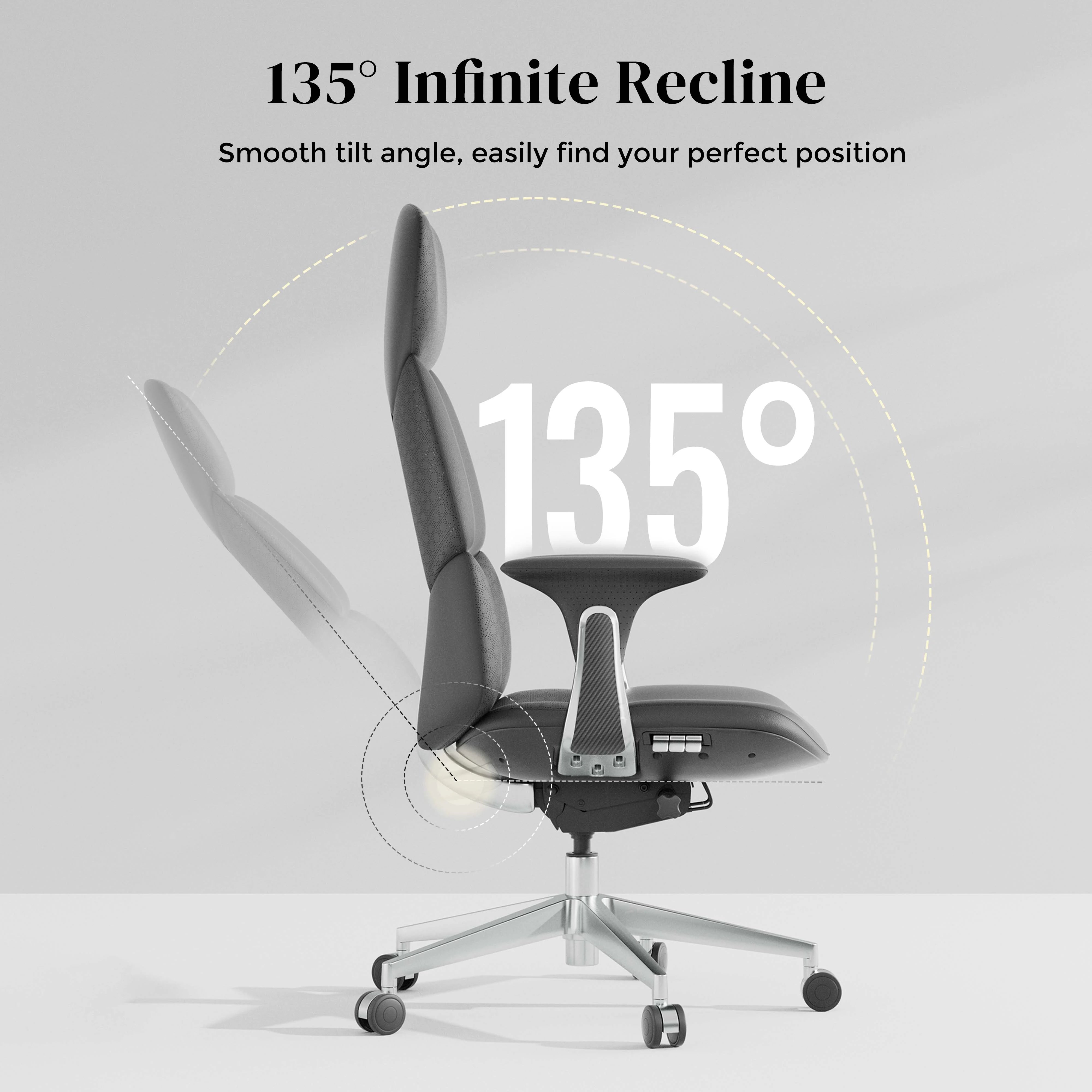 Leather office chair with reclined backrest and chrome wheeled base